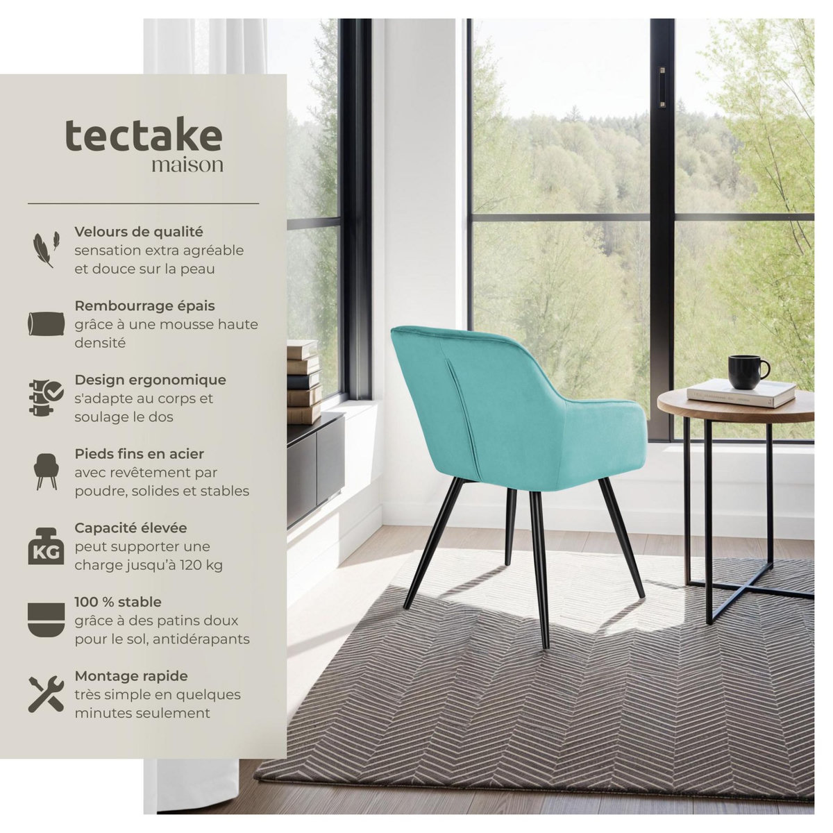 tectake Ensemble de 8 chaises cuir synthétique aspect velours turquoise/ noir