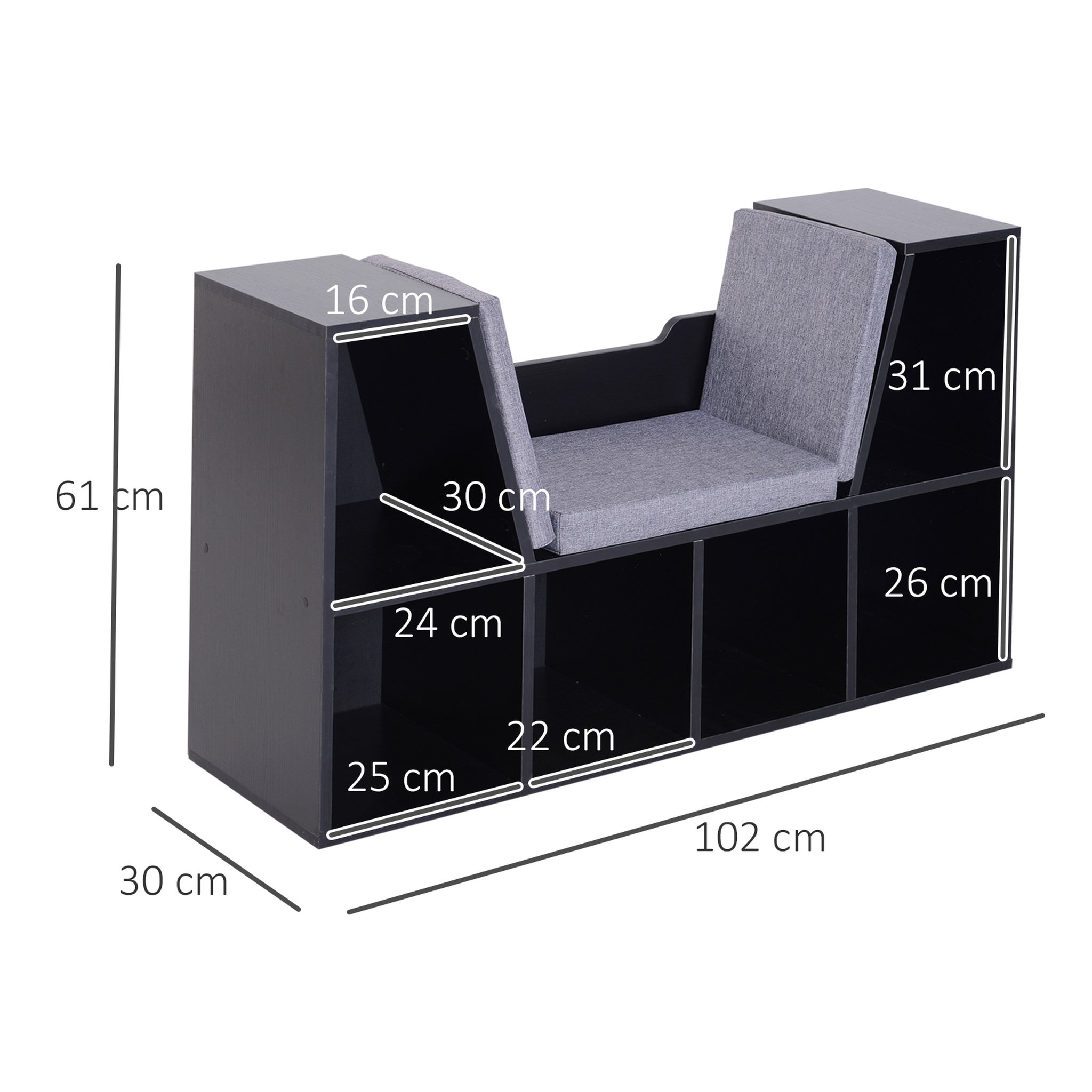 Voir la diapositive 3 : HOMCOM Bibliothèque banc 2 en 1 design contemporain 6 casiers 3 coussins fournis 102L x 30l x 61H cm noir gris