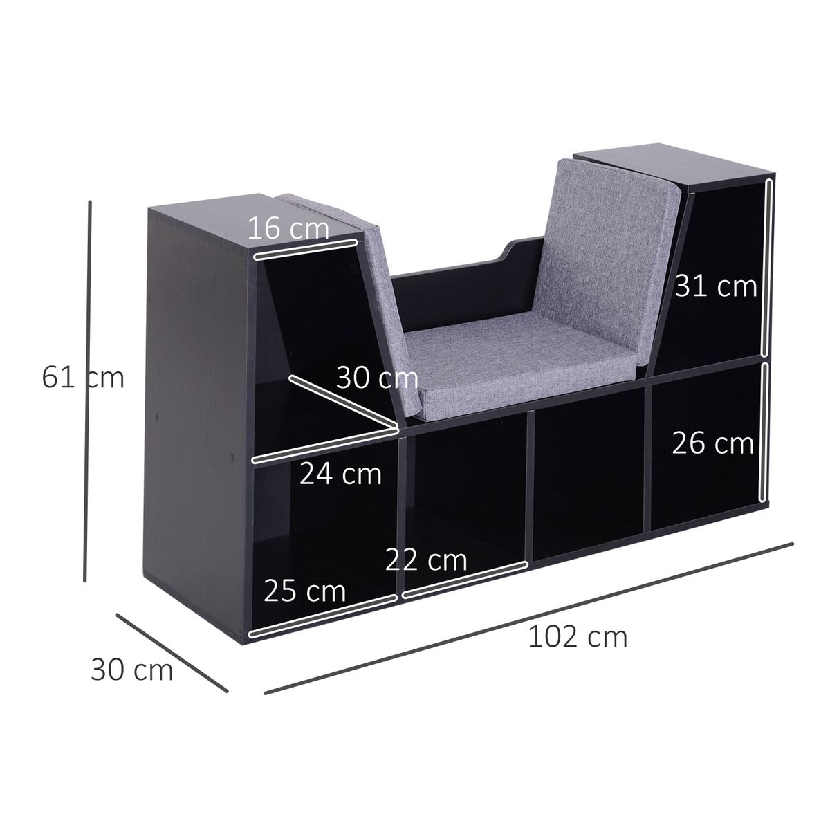 HOMCOM Bibliothèque banc 2 en 1 design contemporain 6 casiers 3 coussins fournis 102L x 30l x 61H cm noir gris