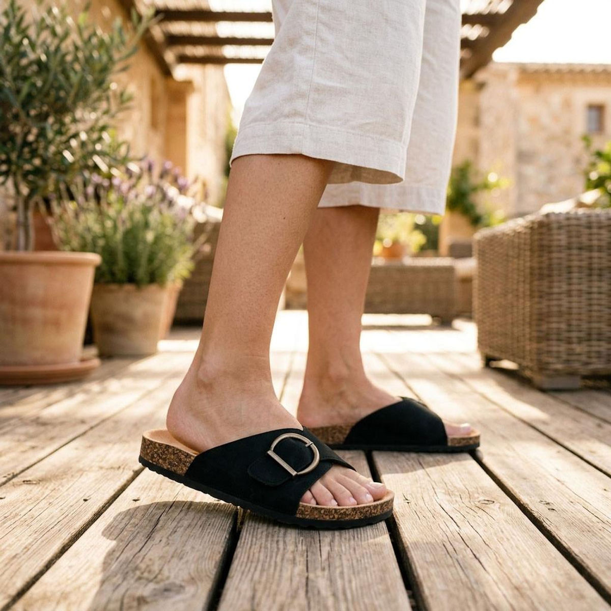 OZABI OZABI Sandales Mule Boucle Ronde Nubuck Noir Beige