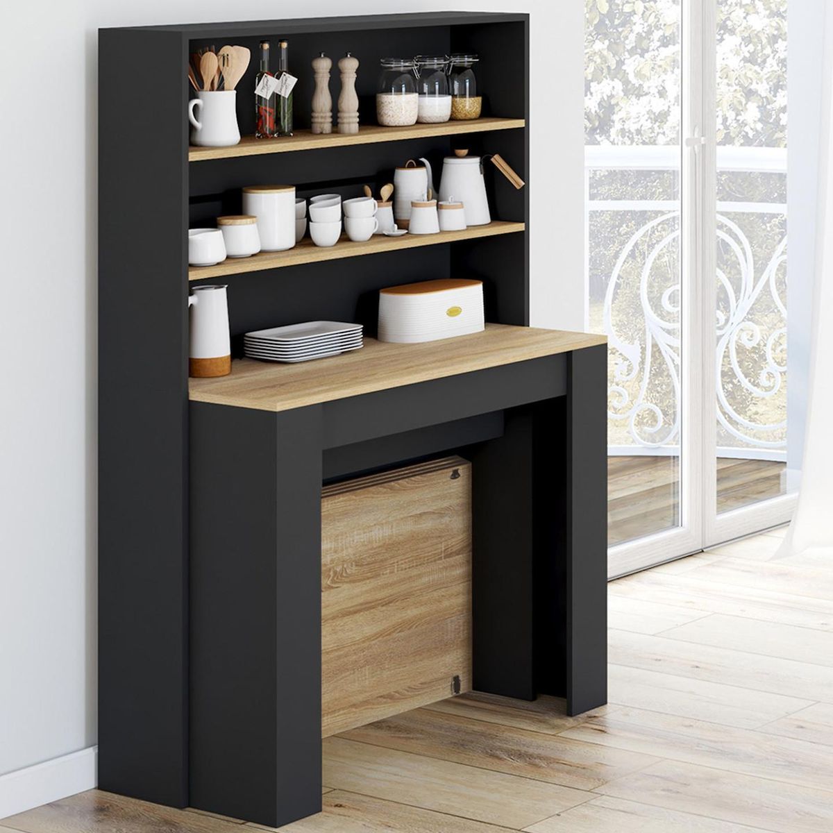 ID MARKET Table buffet haut extensible ORLANDO 8 personnes bois et noir 235 cm