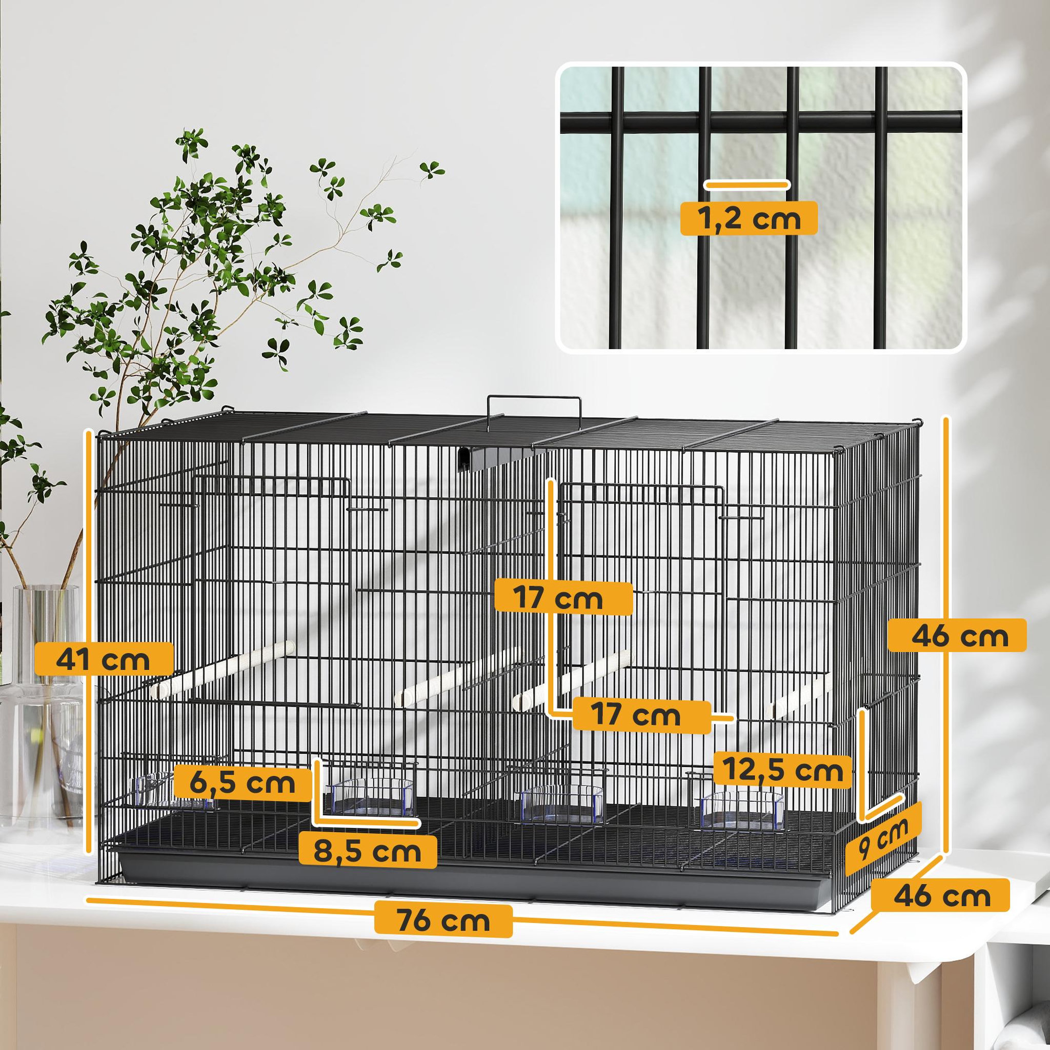 Voir la diapositive 3 : PAWHUT Cage à oiseaux volière acier avec séparateur - 4 perchoirs, mangeoires, portes, trappes, plateau déjection - noir