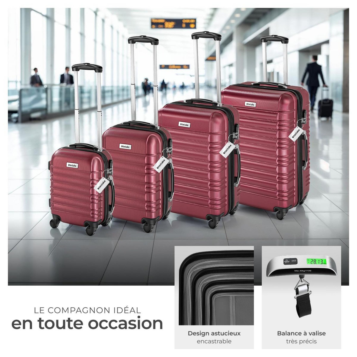 tectake Set de valises rigides 4 pièces en plastique ABS robuste, pèse-bagages et une étiquette de valise incluses rouge bordeaux