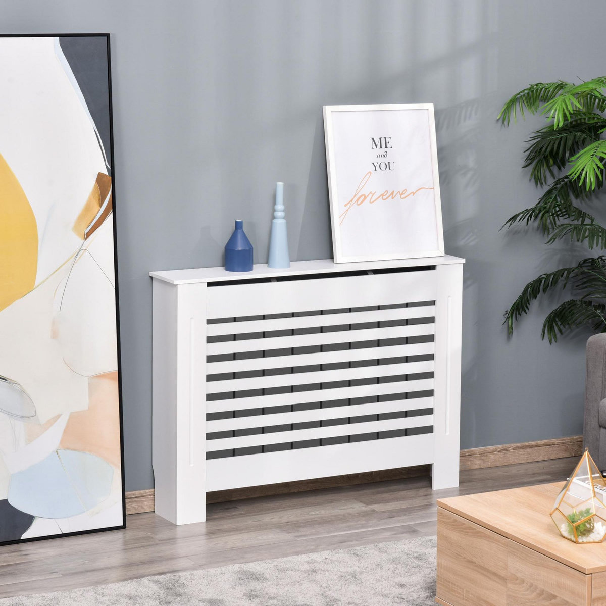 HOMCOM Cache-radiateur design à lattes panneau cabinet dim. 112L x 19l x 81H cm MDF blanc