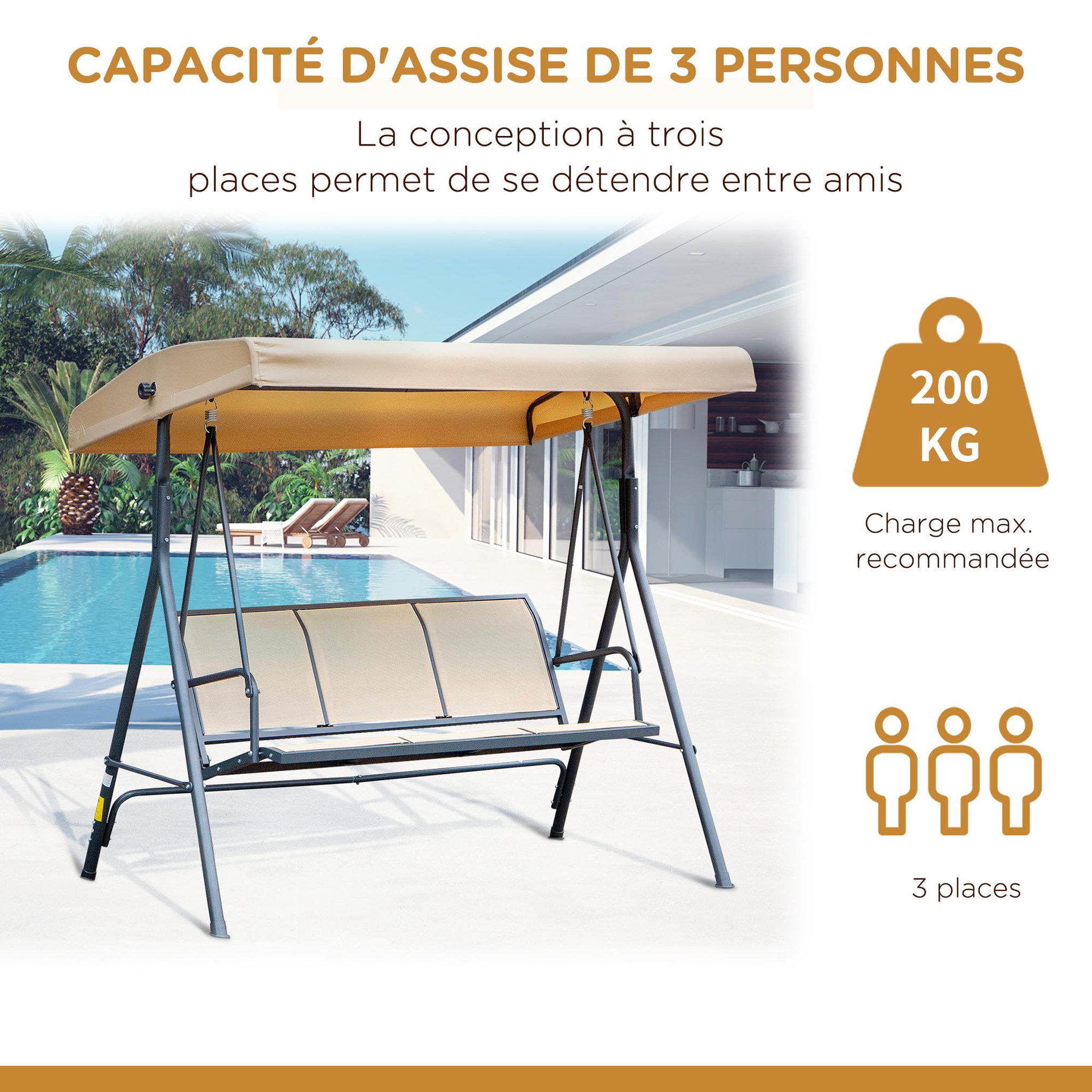 Voir la diapositive 6 : OUTSUNNY Balancelle de jardin 3 places grand confort toit inclinaison réglable assise et dossier ergonomique acier époxy textilène beige