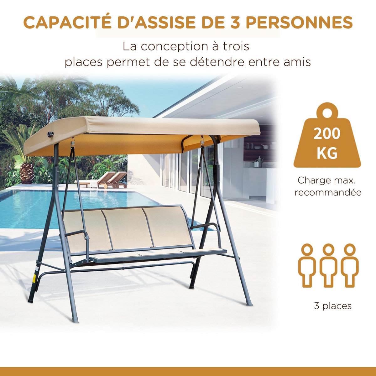 OUTSUNNY Balancelle de jardin 3 places grand confort toit inclinaison réglable assise et dossier ergonomique acier époxy textilène beige