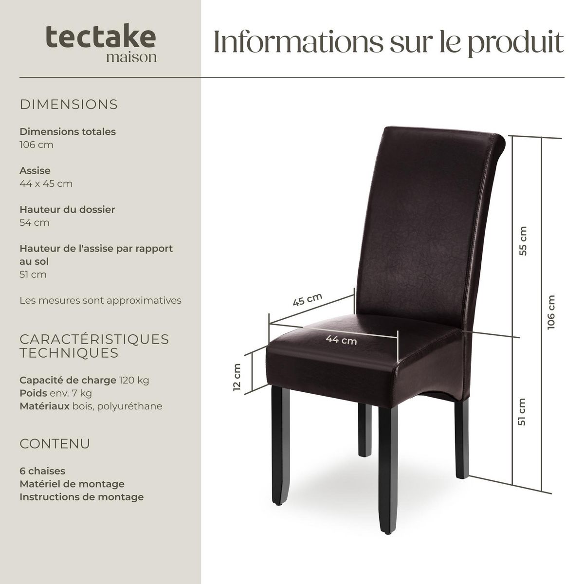 tectake Chaise de salle à manger avec revêtement en cuir synthétique marron Lot de 6