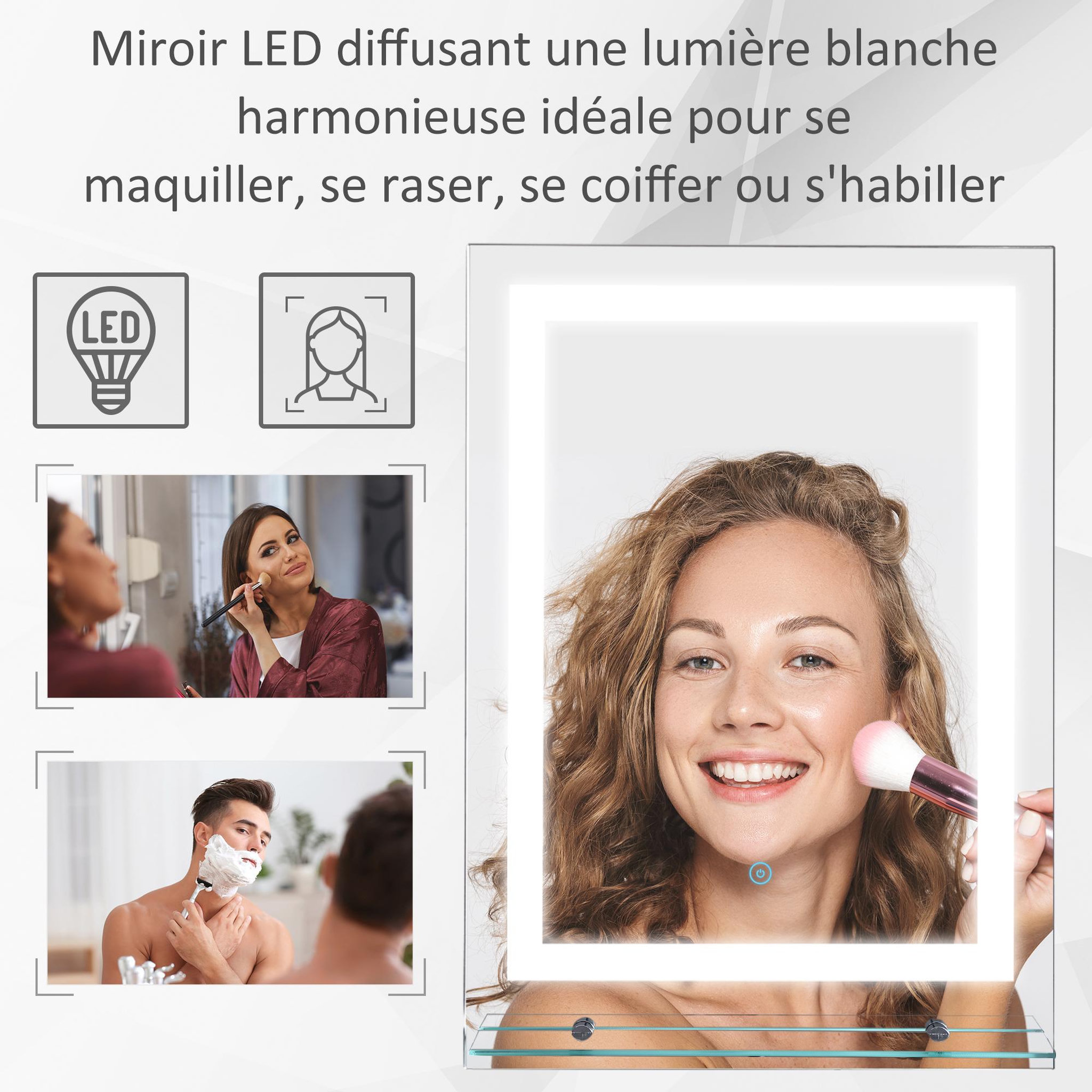 Voir la diapositive 4 : HOMCOM Miroir lumineux LED 22 W interrupteur tactile étagère intégrée 50L x 4l x 70H cm