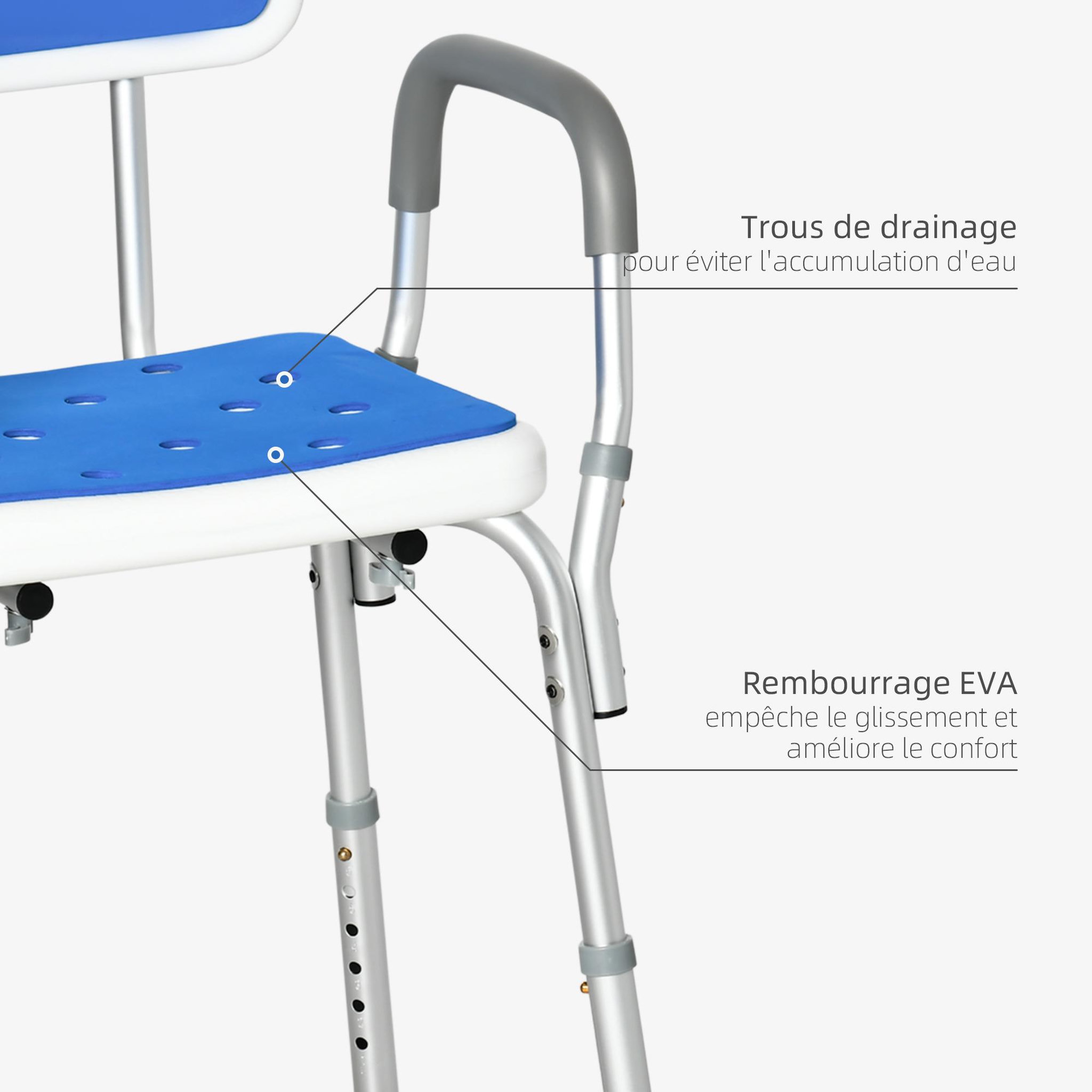Voir la diapositive 4 : HOMCOM Chaise de douche siège de douche ergonomique hauteur réglable pieds antidérapants charge max. 136 kg alu hdpe blanc bleu