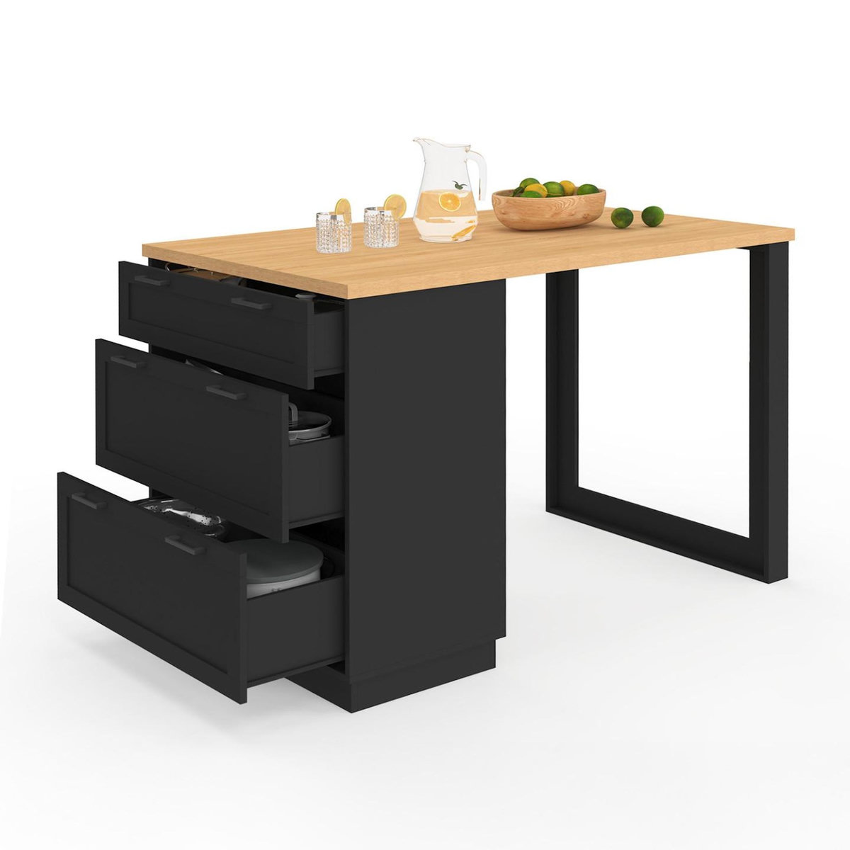 ID MARKET Ilot central mange-debout 4 personnes VITO 130 cm casserolier 3 tiroirs noir et plateau bois