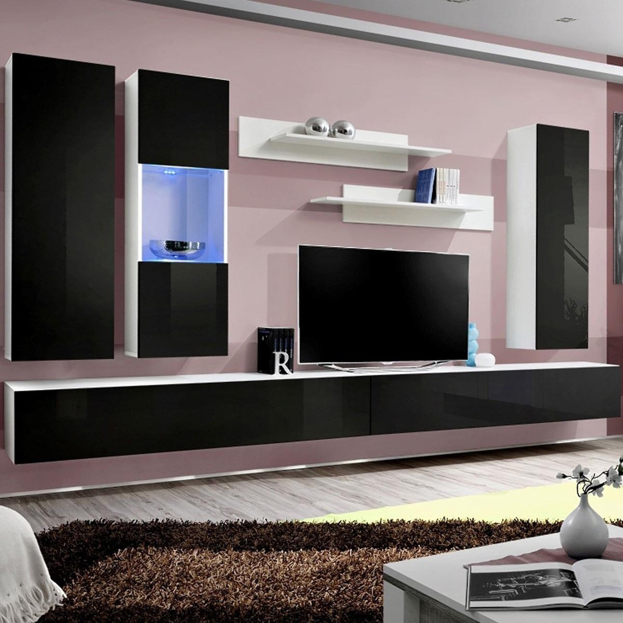 Voir la diapositive 1 : Paris Prix Ensemble Meuble TV Mural  Fly E5  320cm Noir & Blanc
