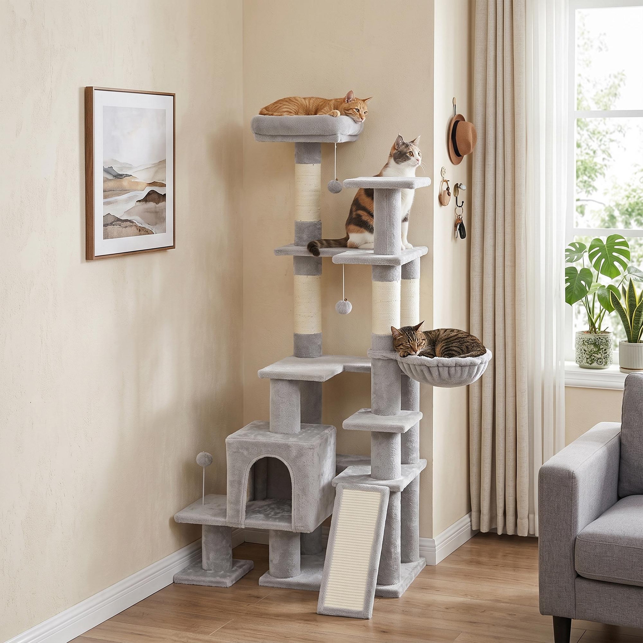 Voir la diapositive 4 : PAWHUT Arbre à chat 5 niv. H.152 cm multi-équipé gris clair