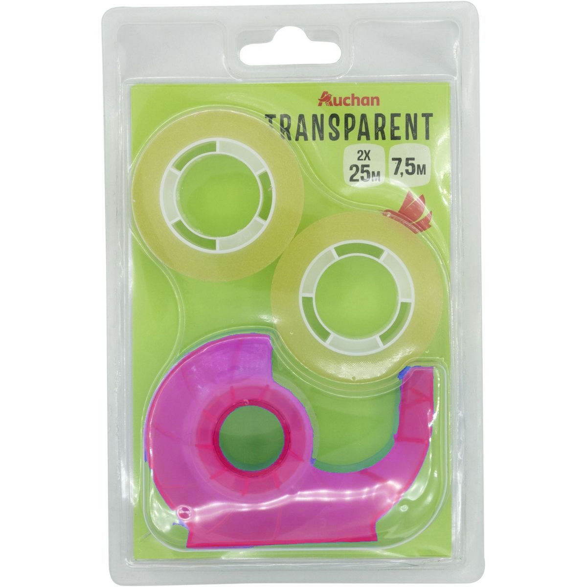 AUCHAN Rouleau ruban adhésif 25m transparent avec dévidoir rose + 2 rouleaux