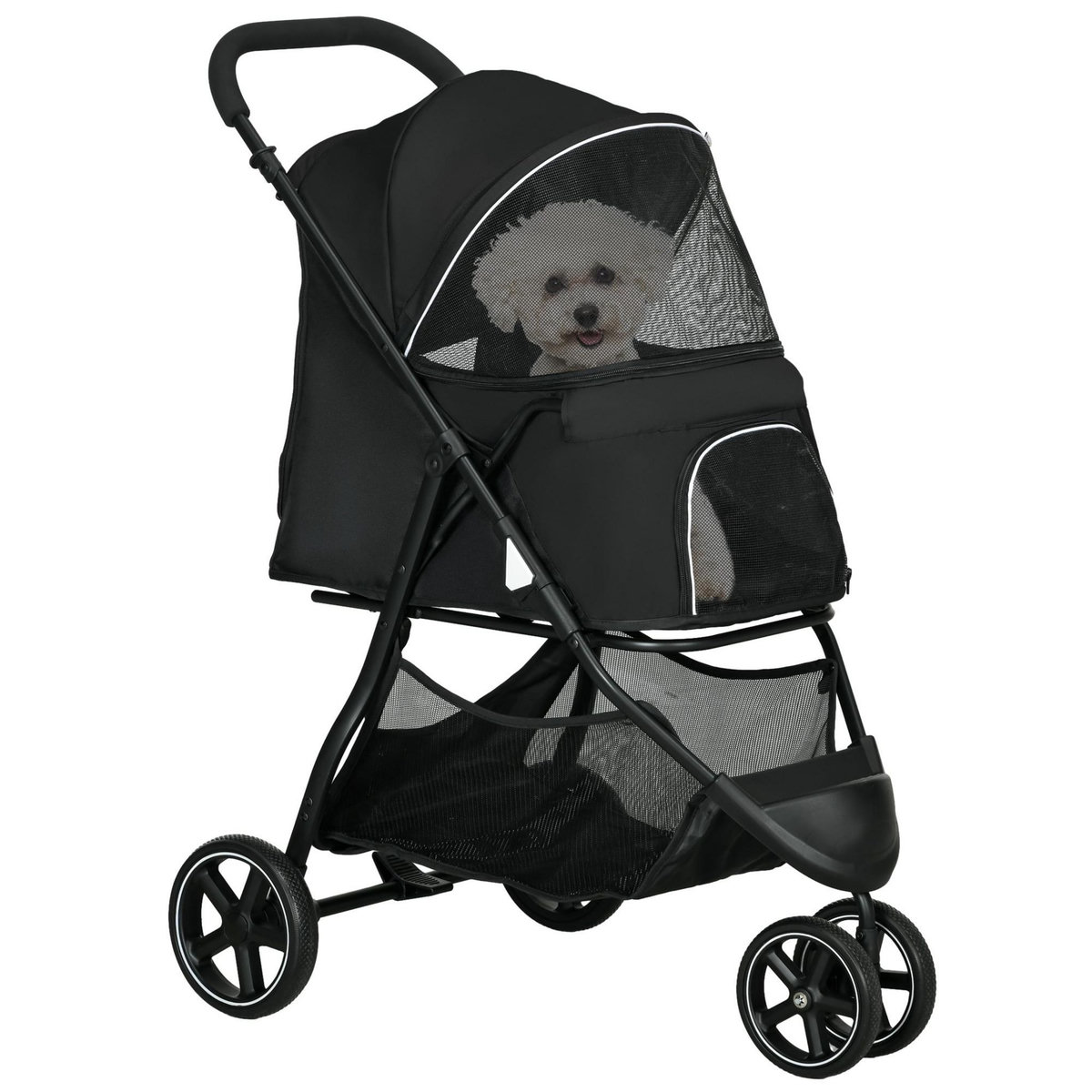 PAWHUT Poussette buggy pliable pour chien chat - 2 attaches, guidon réglable, panier - acier oxford noir