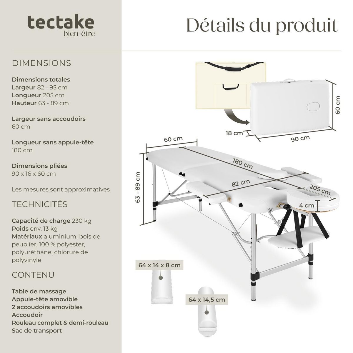 tectake Table de massage portable pliante 2 zones largeur 61 cm et rembourrage de 4 cm blanc