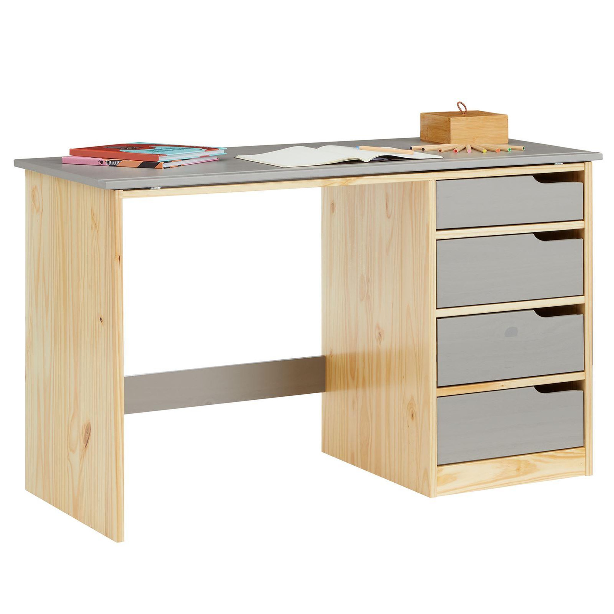 Voir la diapositive 1 : IDIMEX Bureau enfant EMMA, en pin massif, 4 tiroirs et plateau inclinable