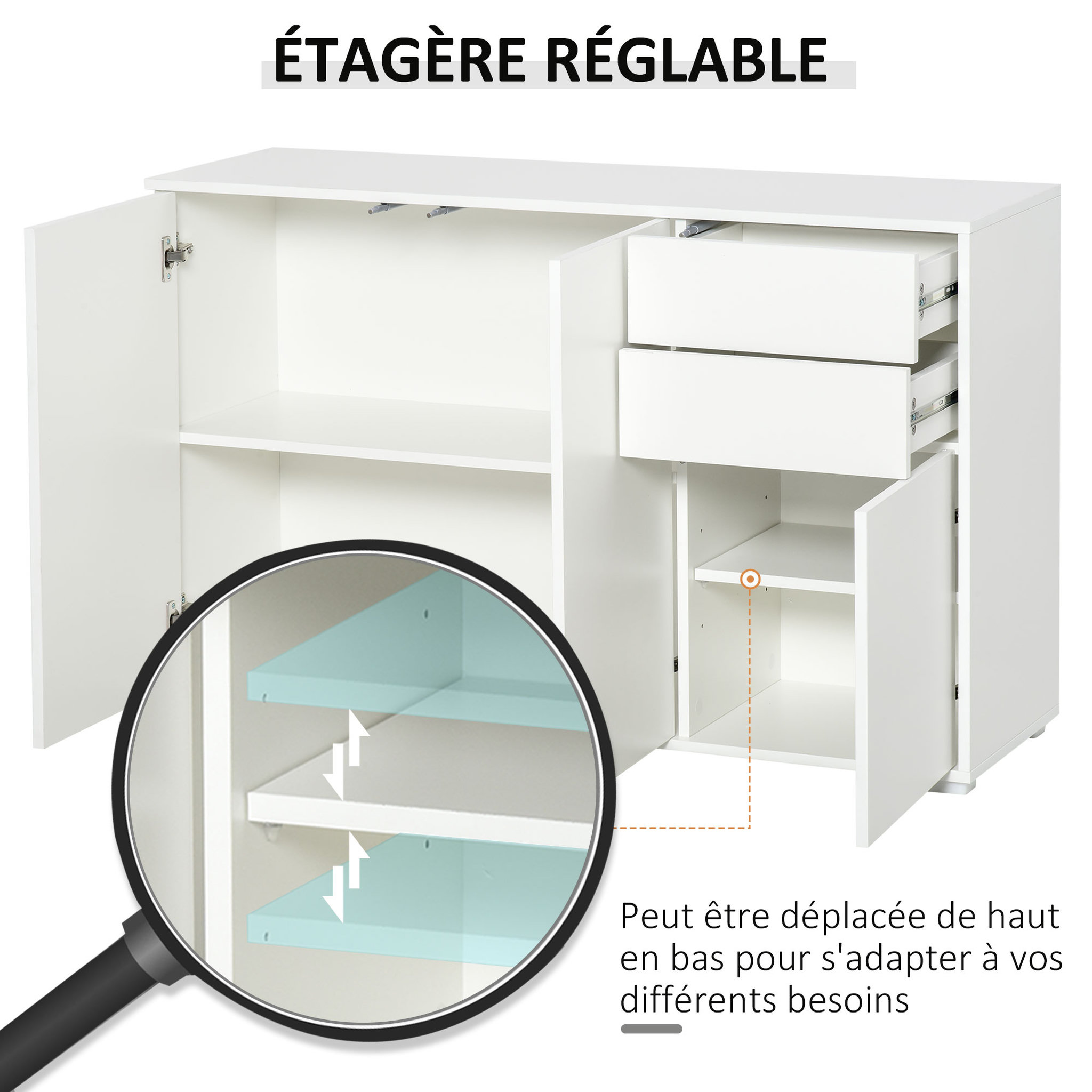 Voir la diapositive 4 : HOMCOM Commode buffet de rangement 2 tiroirs coulissants 3 portes étagère réglable panneaux de particules 117 x 36 x 74 cm blanc