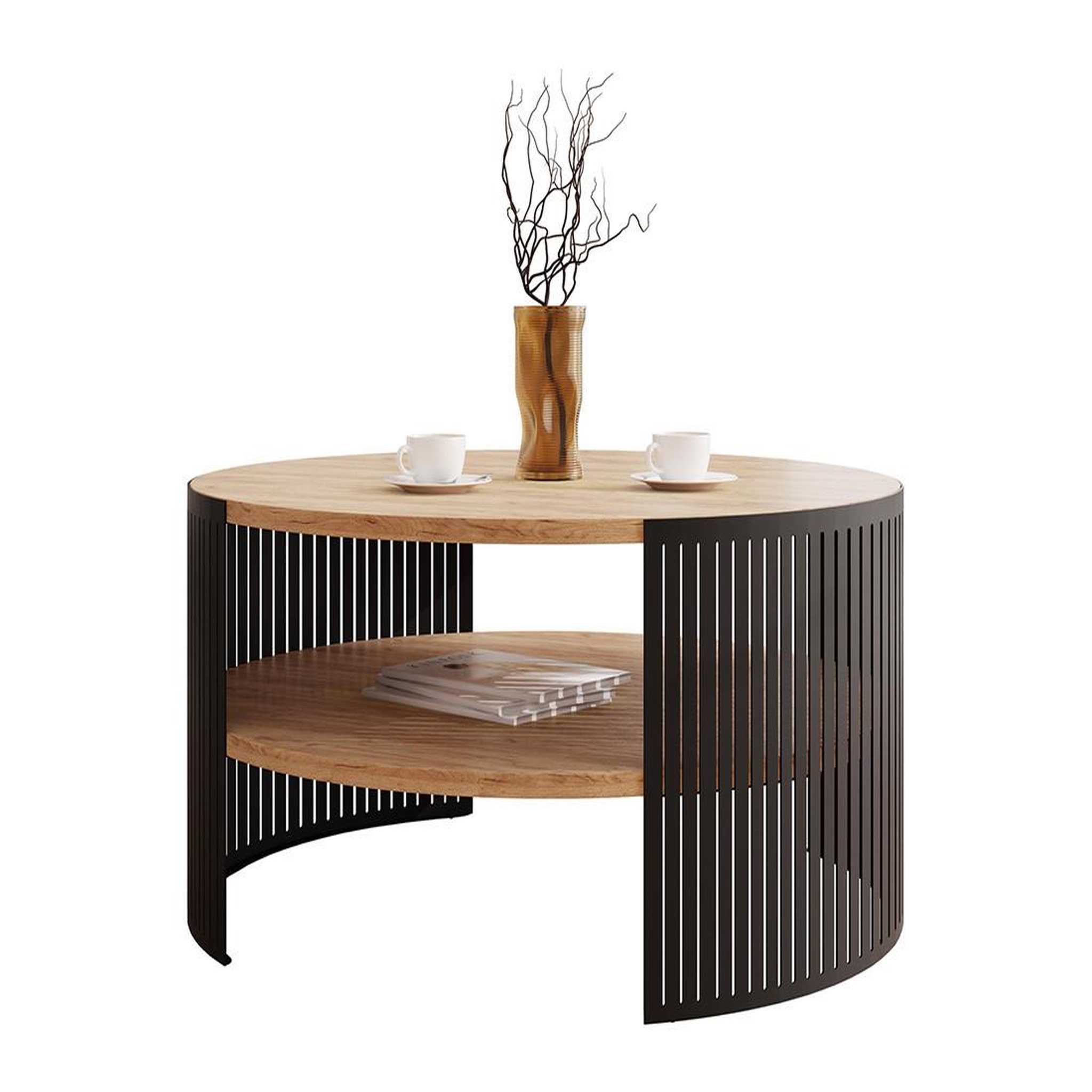 Voir la diapositive 2 : BEST MOBILIER Cruz - table basse ronde - aspect chêne naturel et noir - 1 niche - 75 cm
