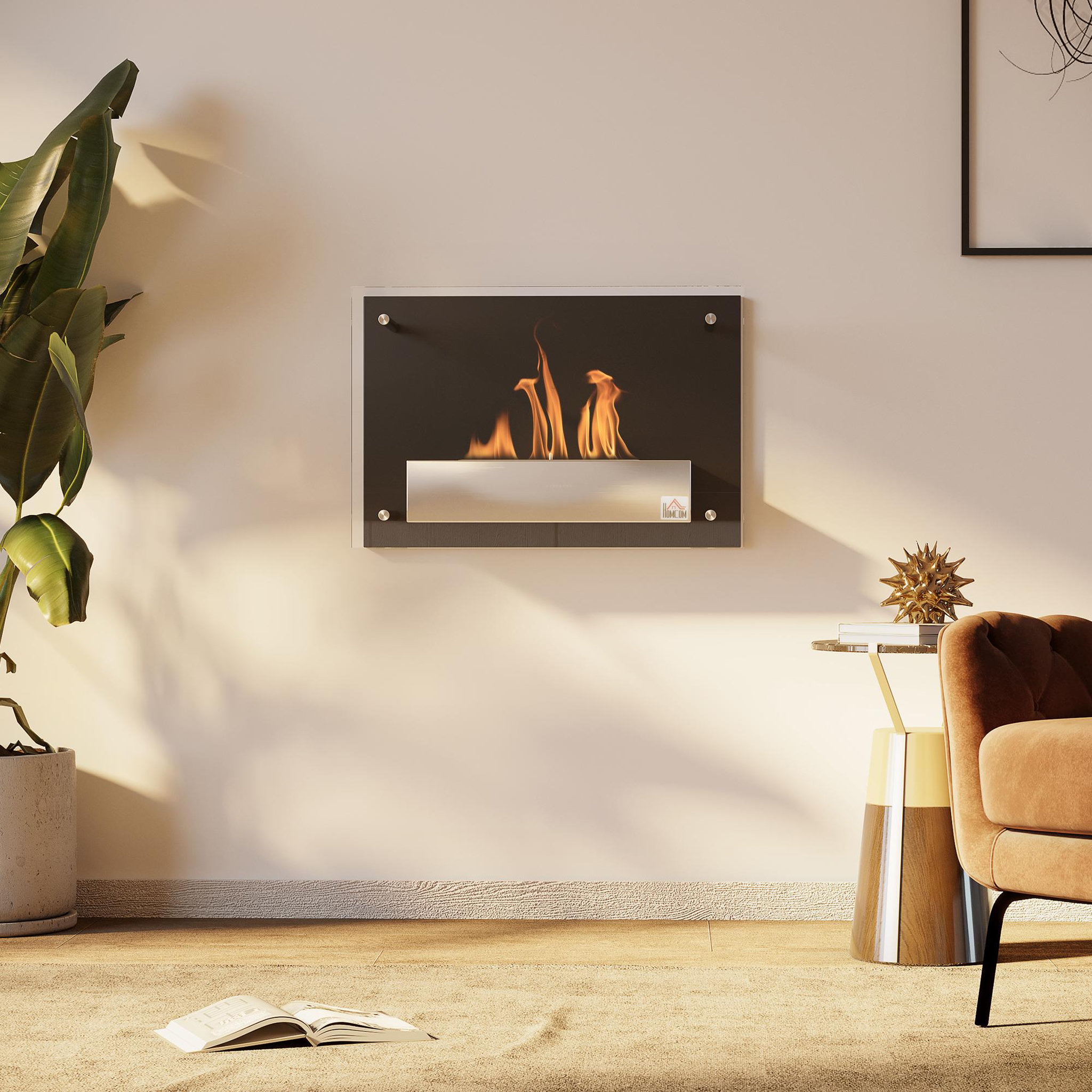 Voir la diapositive 2 : HOMCOM Cheminée bioéthanol murale design contemporain bruleur 0,9 L - couverture 20-25 m² - dim. 60L x 22l x 40H cm