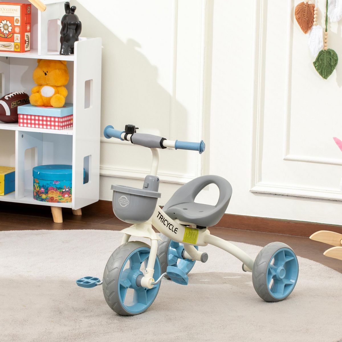 HOMCOM Tricycle enfant multi-équipé garde-boue avant sonnette pédales antidérapantes selle avec dossier bleu blanc gris