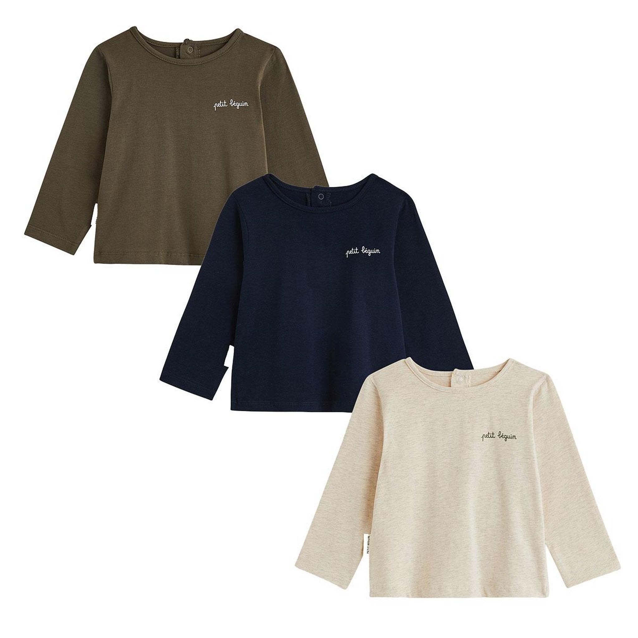 PETIT BEGUIN Lot de 3 t-shirts bébé manches longues. Coloris disponibles : Vert