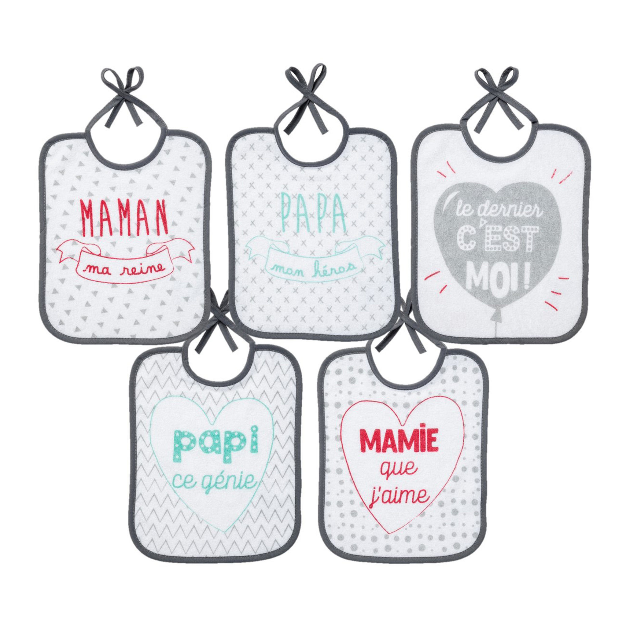 Voir la diapositive 1 : Babycalin Lot de 5 bavoirs message famille 