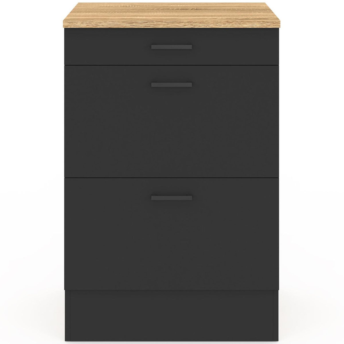 ID MARKET Meuble bas de cuisine 60 cm SUBTIL appoint casserolier 3 tiroirs bois et noir