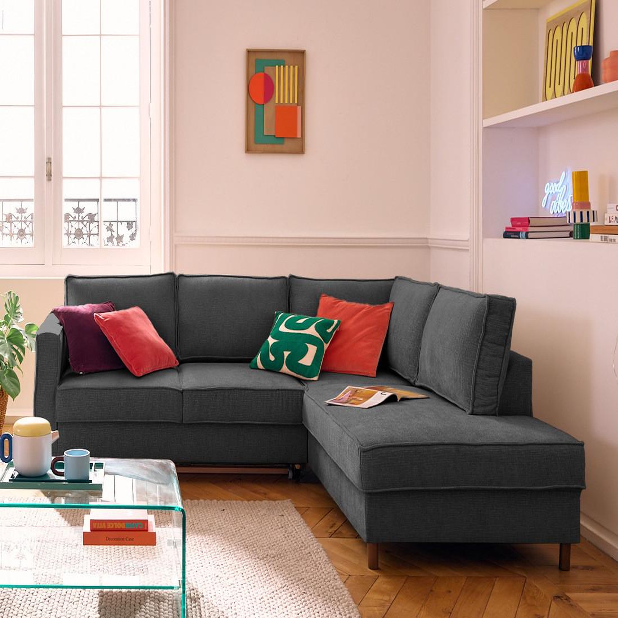 Voir la diapositive 1 : LISA DESIGN Jake - canapé d'angle droit 5 places convertible en tissu velours relief