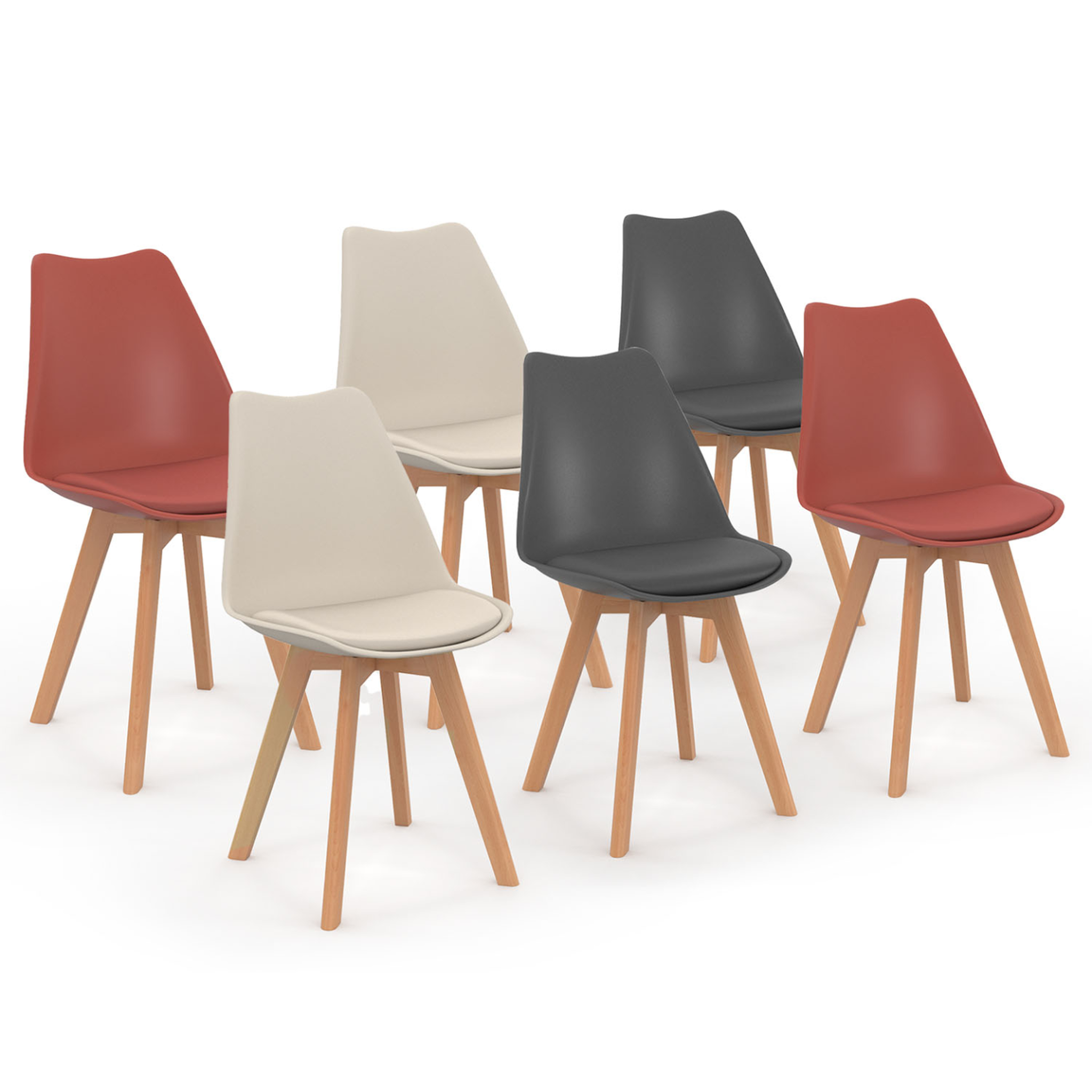 ID MARKET Lot de 6 chaises scandinaves sara mix color gris foncé x2, terracotta x2, beige x2