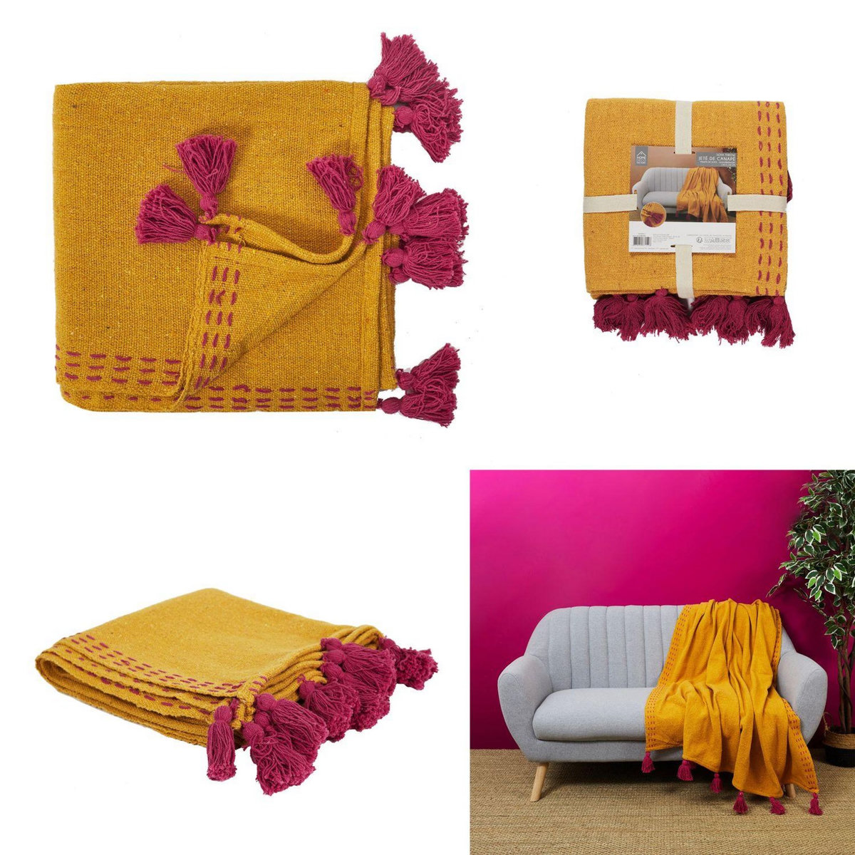 TOILINUX Jeté de canapé surpiqué avec pompons - 130 x 170 cm - Orange et rose