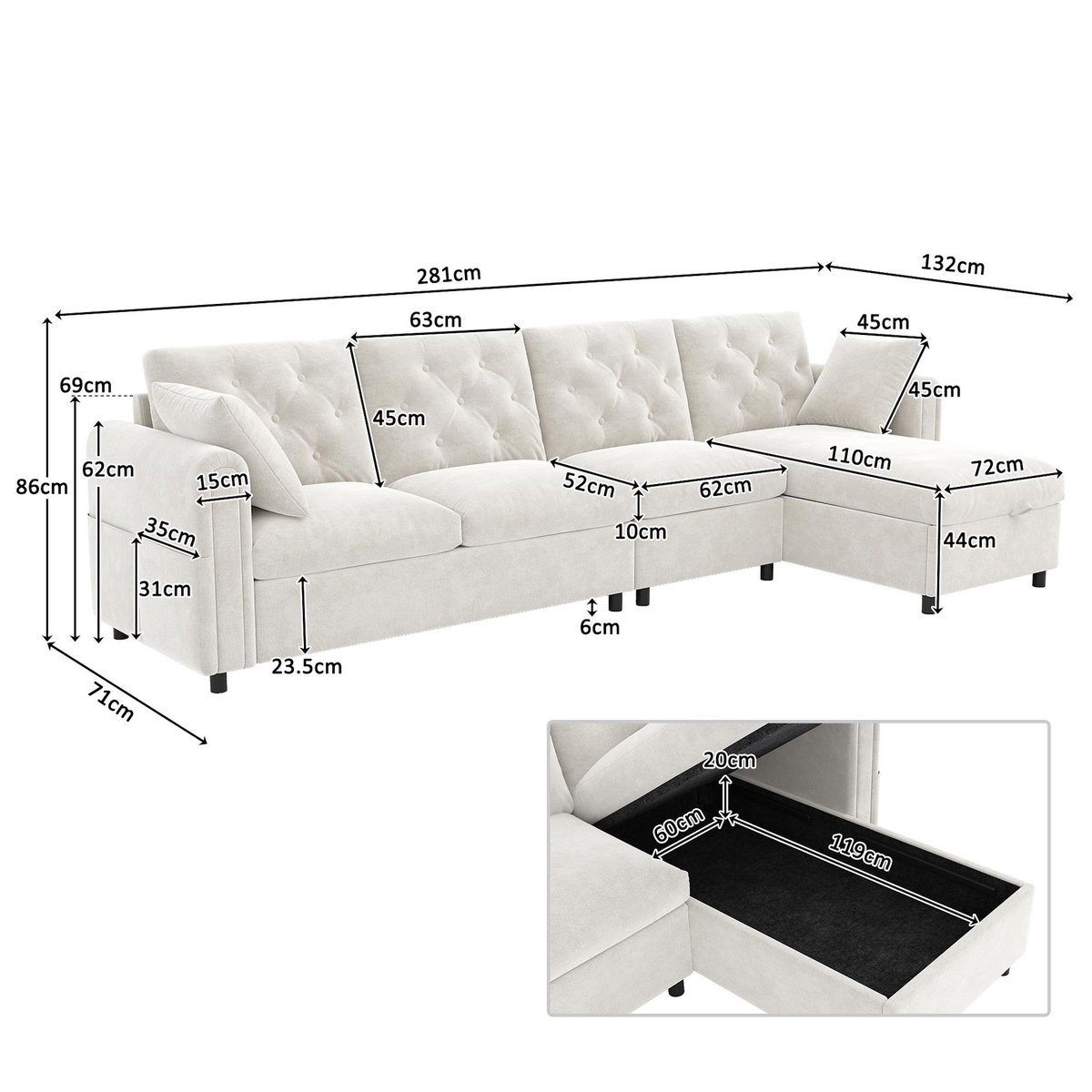 MERAX Canapé d'angle réversible fixe 4 places velours coffre de rangement