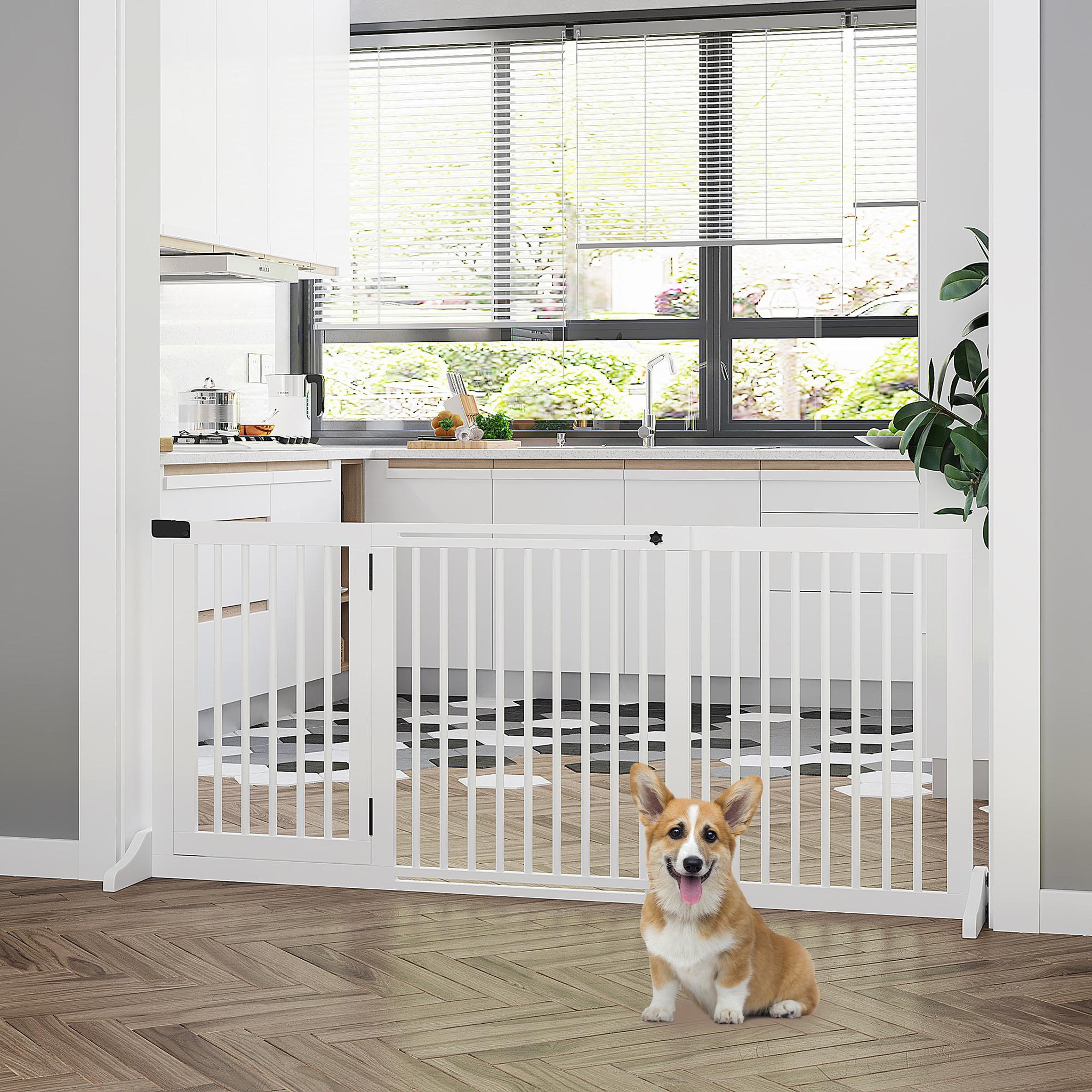 Voir la diapositive 2 : PAWHUT Barrière de sécurité chien barrière autoportante longueur réglable porte verrouillable intégrée dim. 113-166l x 36l x 71h cm sapin blanc