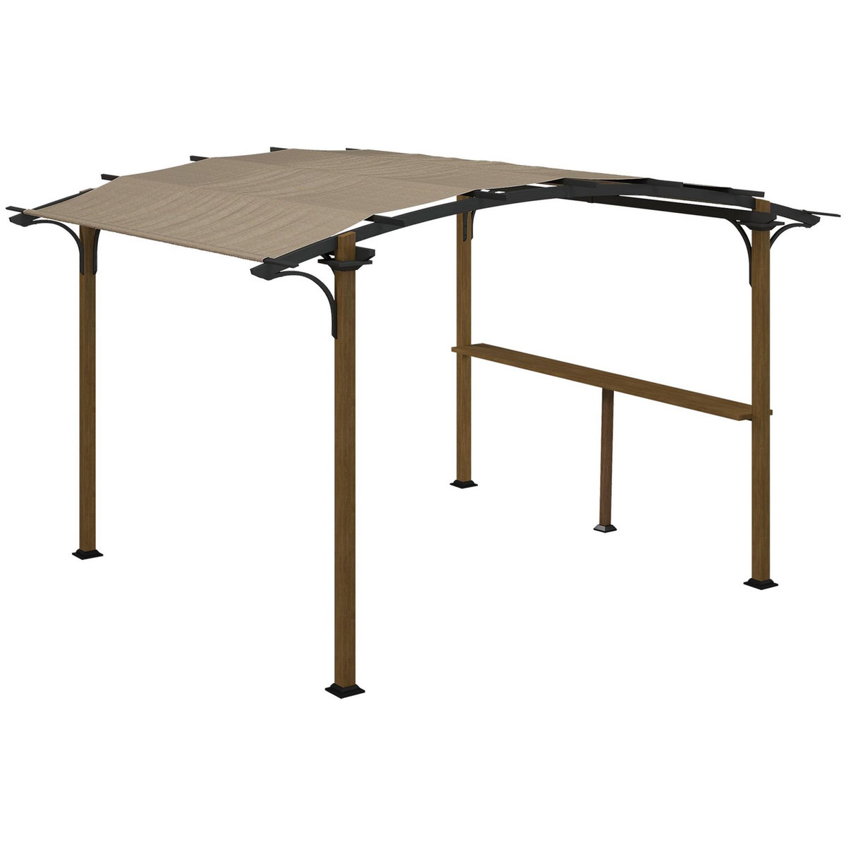 OUTSUNNY Pergola avec comptoir toit arche alu acier aspect bois noir toile grège