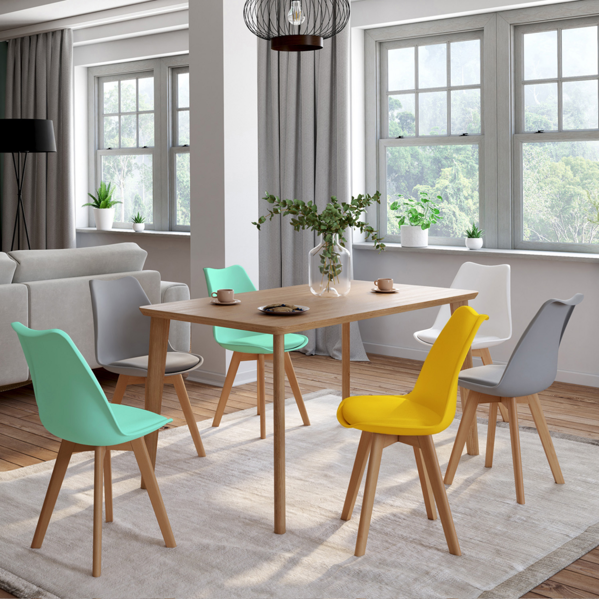 ID MARKET Lot de 6 chaises scandinaves SARA mix color pastel jaune, blanc, gris clair x2, vert mentholé x2
