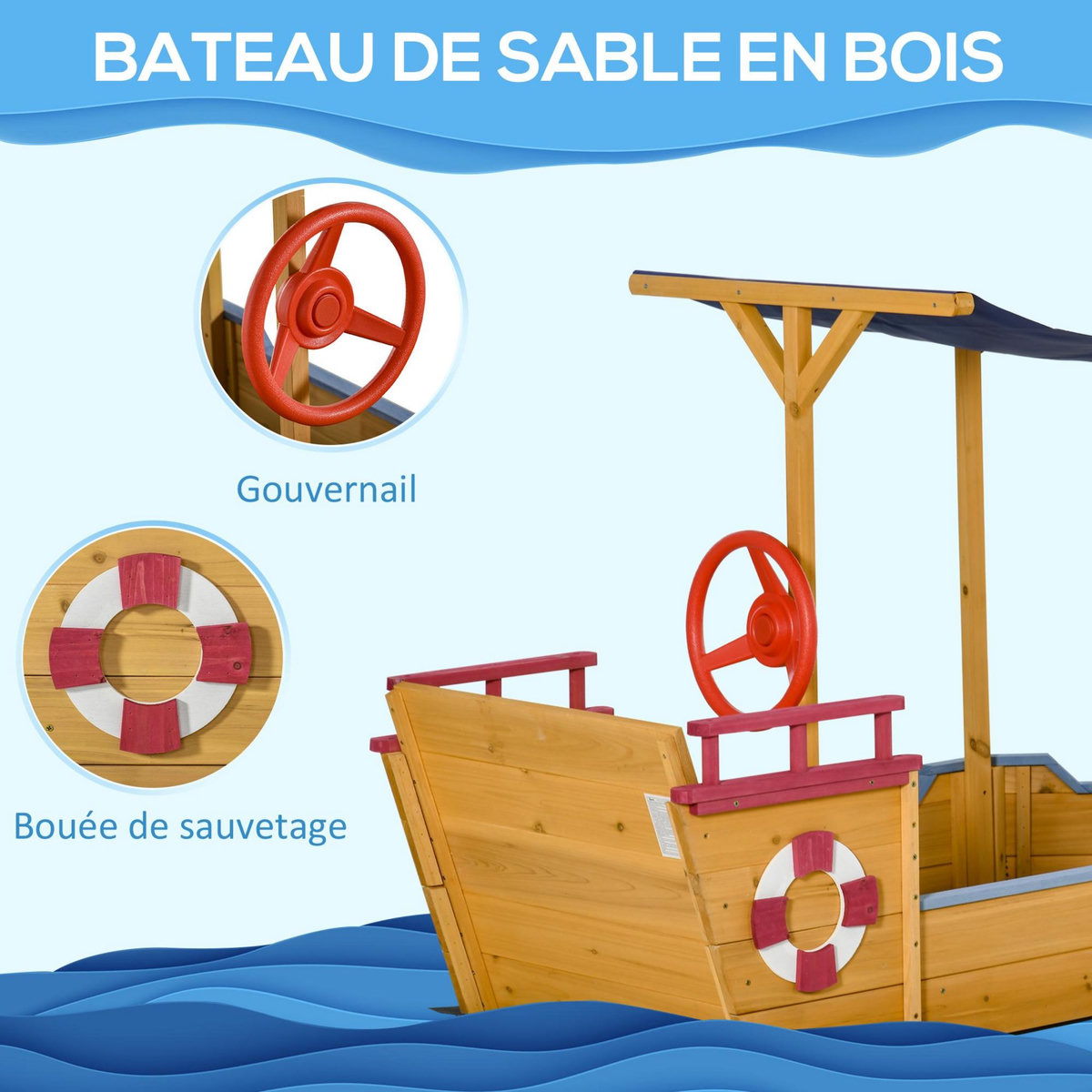 OUTSUNNY Bac à sable bateau de pirate en bois - voile d'ombrage, coffre rangement, gouvernail - bois sapin pré-huilé