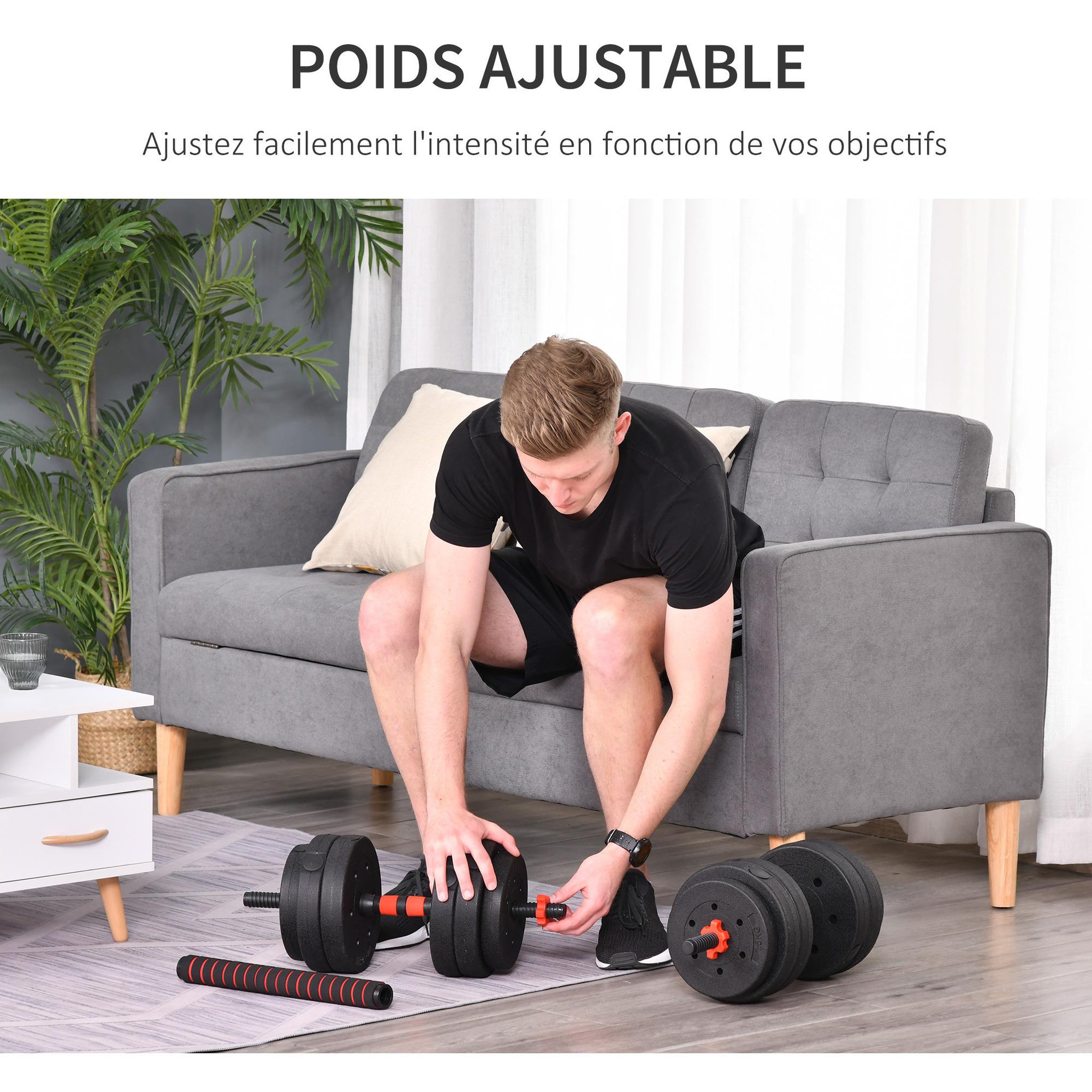 Voir la diapositive 5 : HOMCOM Ensemble d'haltères courtes total 25 kg - barres incluses - entraînement musculaire & haltérophilie - acier hdpe noir rouge