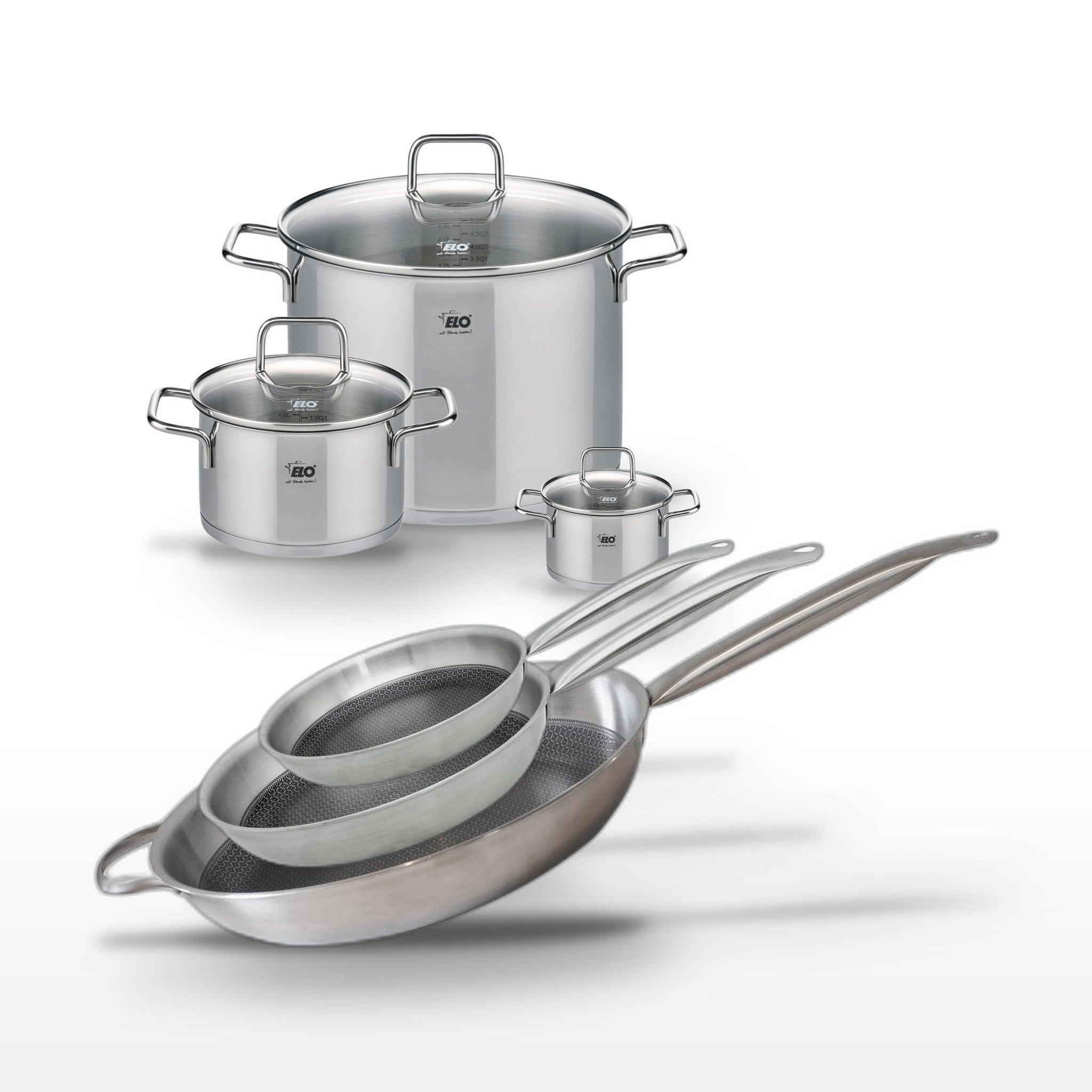 ELO Batterie de cuisine avec 2 poêles 24/28 cm et 3 faitouts 12/20/26 cm en inox et aluminium sans pfas elo collection relief solution citrin