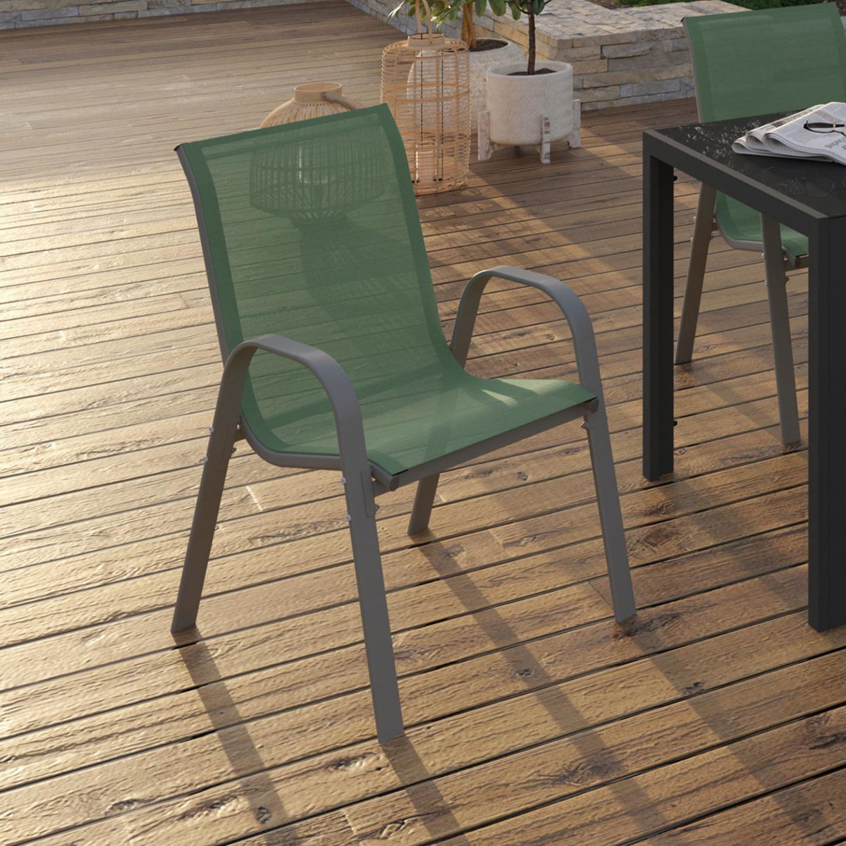 ID MARKET Lot de 6 chaises de jardin LYMA métal et textilène empilables vert olive