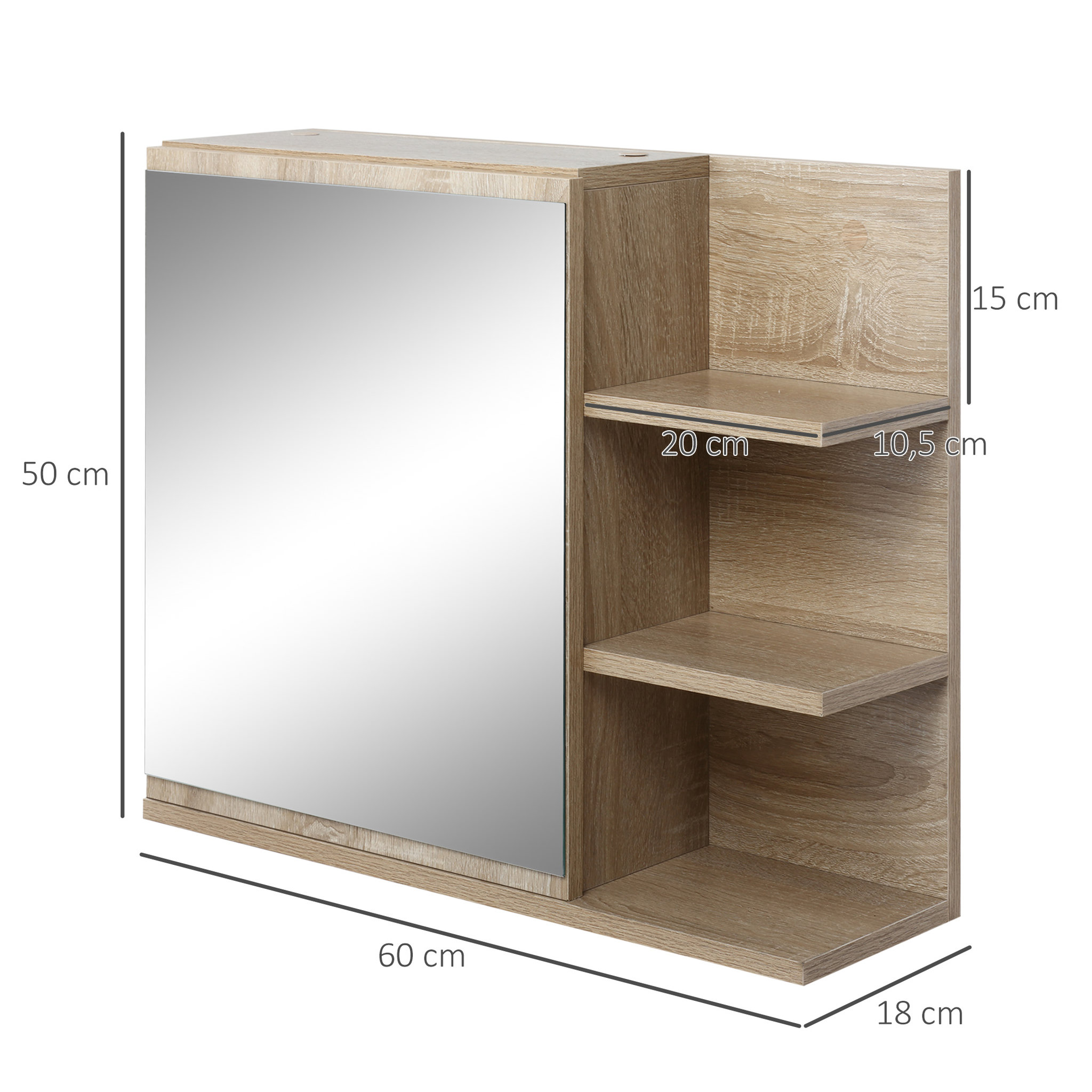 Voir la diapositive 3 : KLEANKIN Armoire miroir de salle de bain avec étagère - 3 étagères latérales - kit installation murale fourni - panneaux particules aspect chêne clair