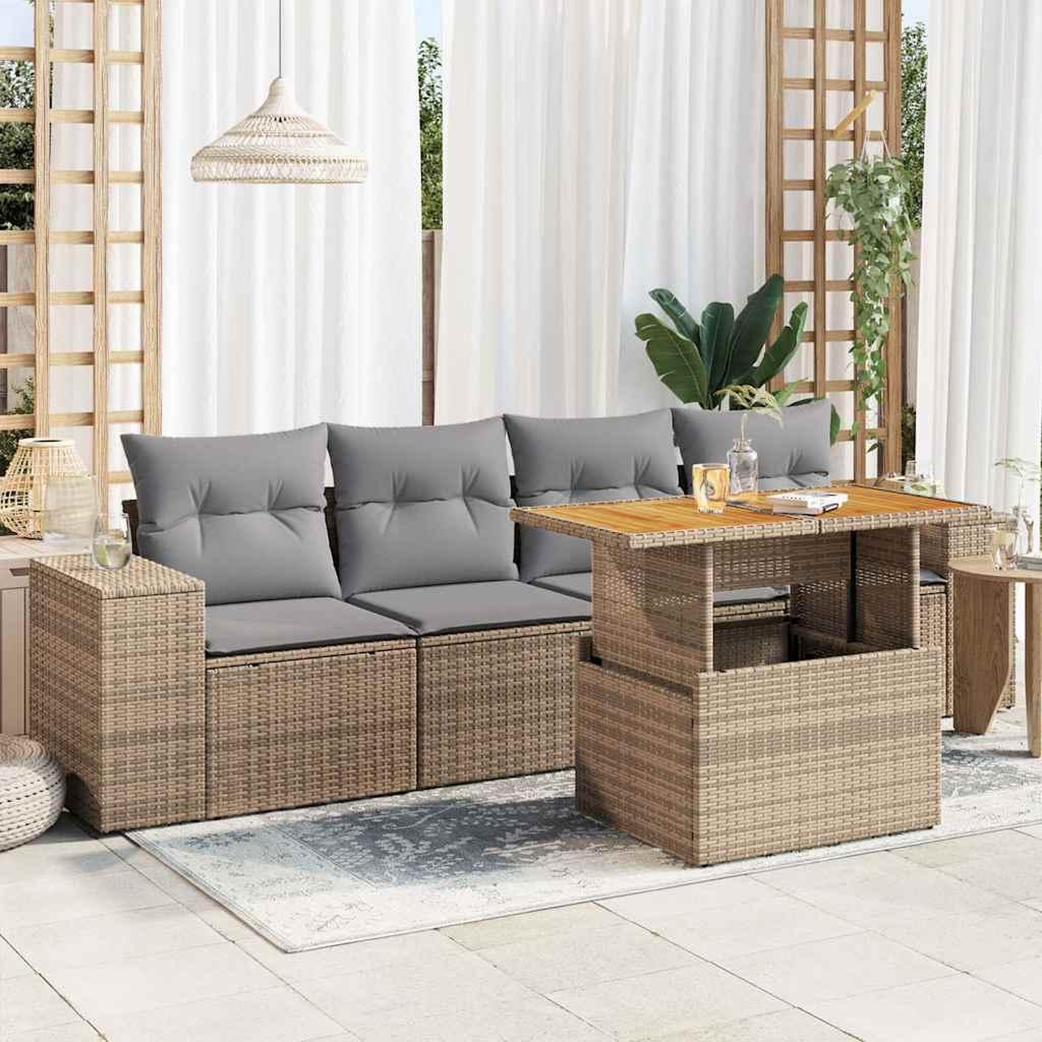 VIDAXL Salon de jardin avec coussins 5 pcs beige resine tressee