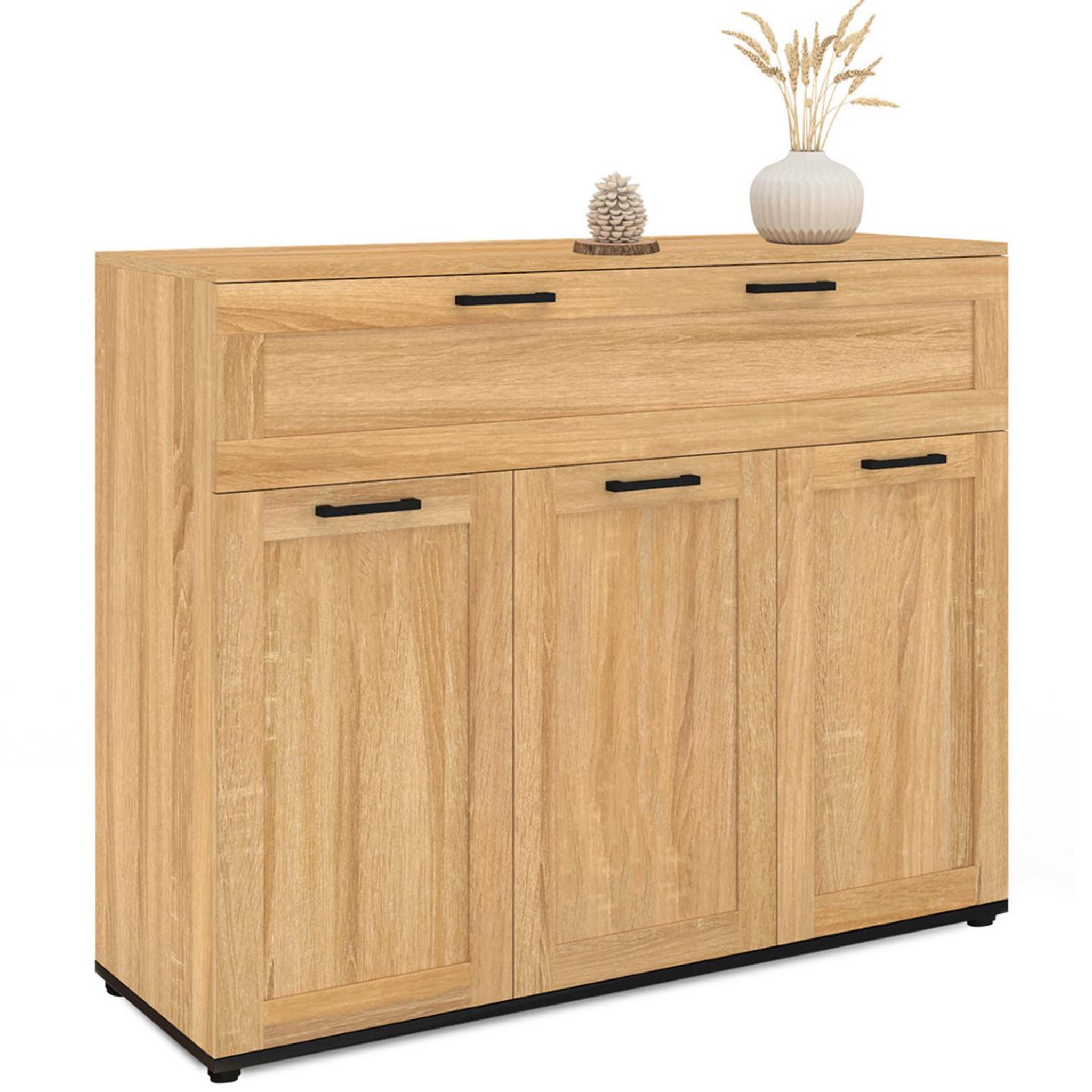 ID MARKET Buffet 100 cm vito 3 portes et 1 tiroir façon hêtre et poignées noires