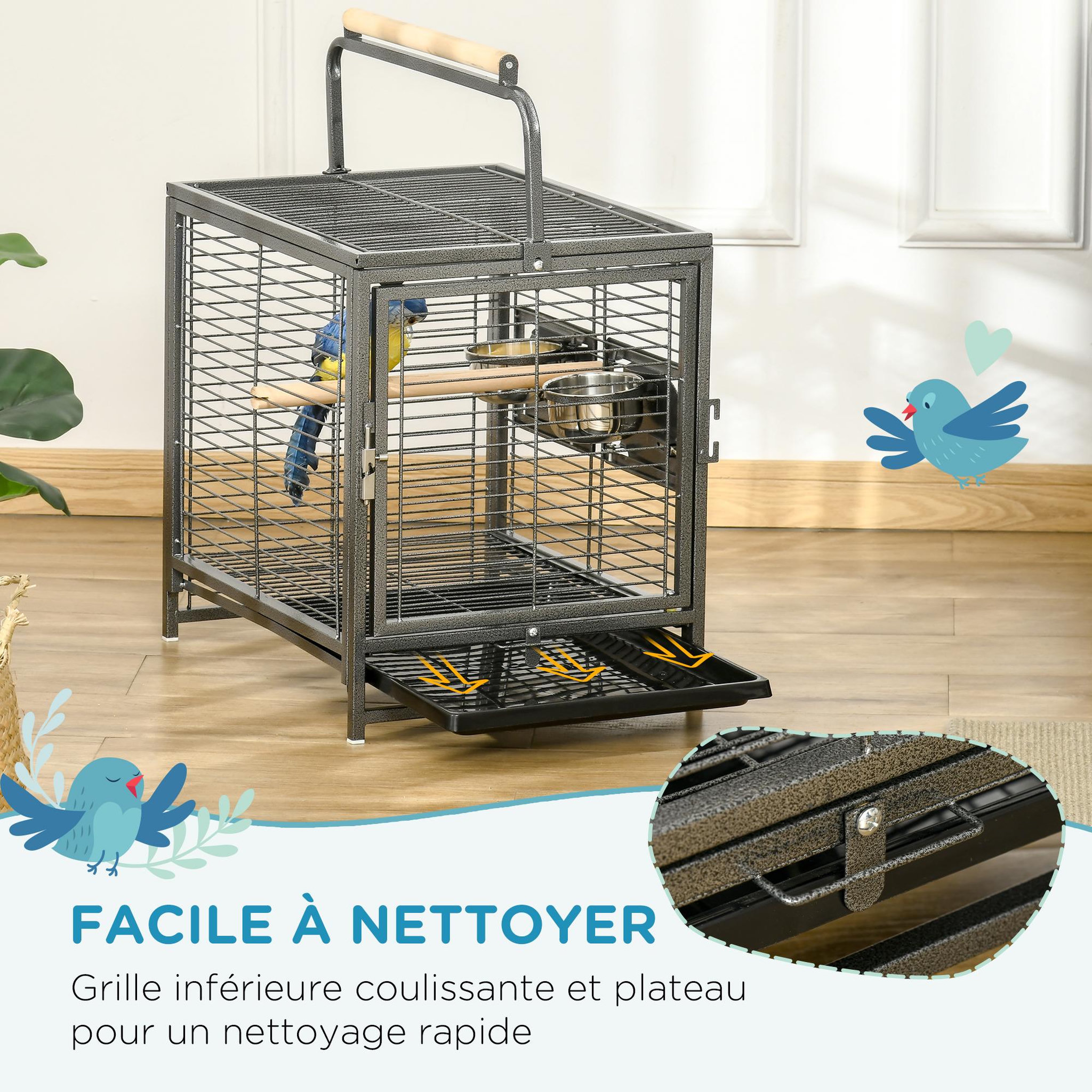 Voir la diapositive 4 : PAWHUT Cage de transport oiseau - cage de transport pour perroquet - porte, 2 trappes de nourrissage - acier gris moucheté