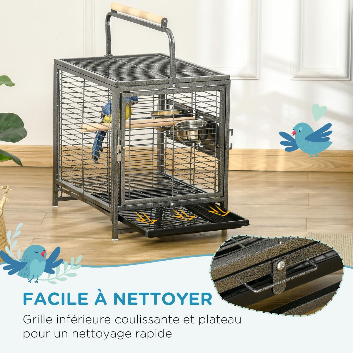 PAWHUT Cage de transport oiseau - cage de transport pour perroquet - porte, 2 trappes de nourrissage - acier gris moucheté