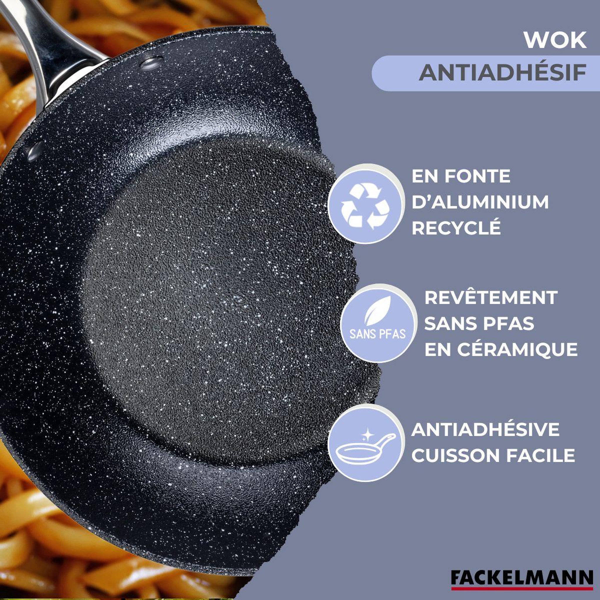 Voir la diapositive 4 : Fackelmann Wok 28 cm fonte aluminium revêtement antiadhésif céramique sans PFAS Fackelmann