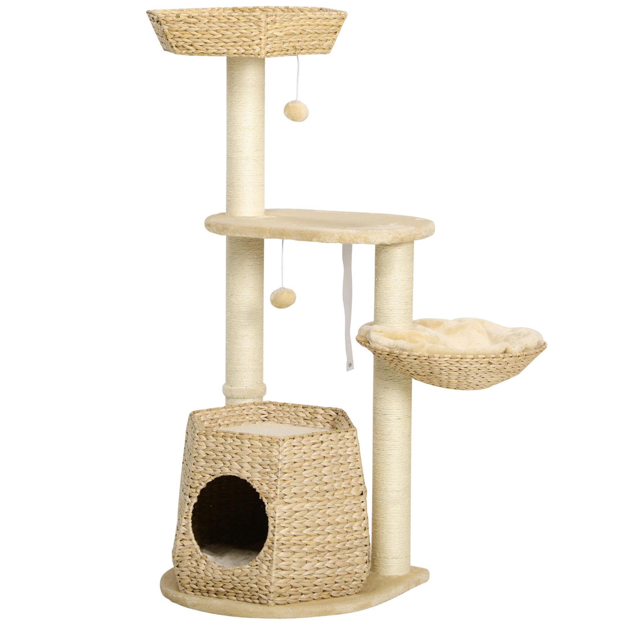 PAWHUT Arbre à chat style cosy chic griffoirs sisal naturel niche 2 paniers avec coussins plateforme 2 boules suspendues quenouille peluche courte crème beige