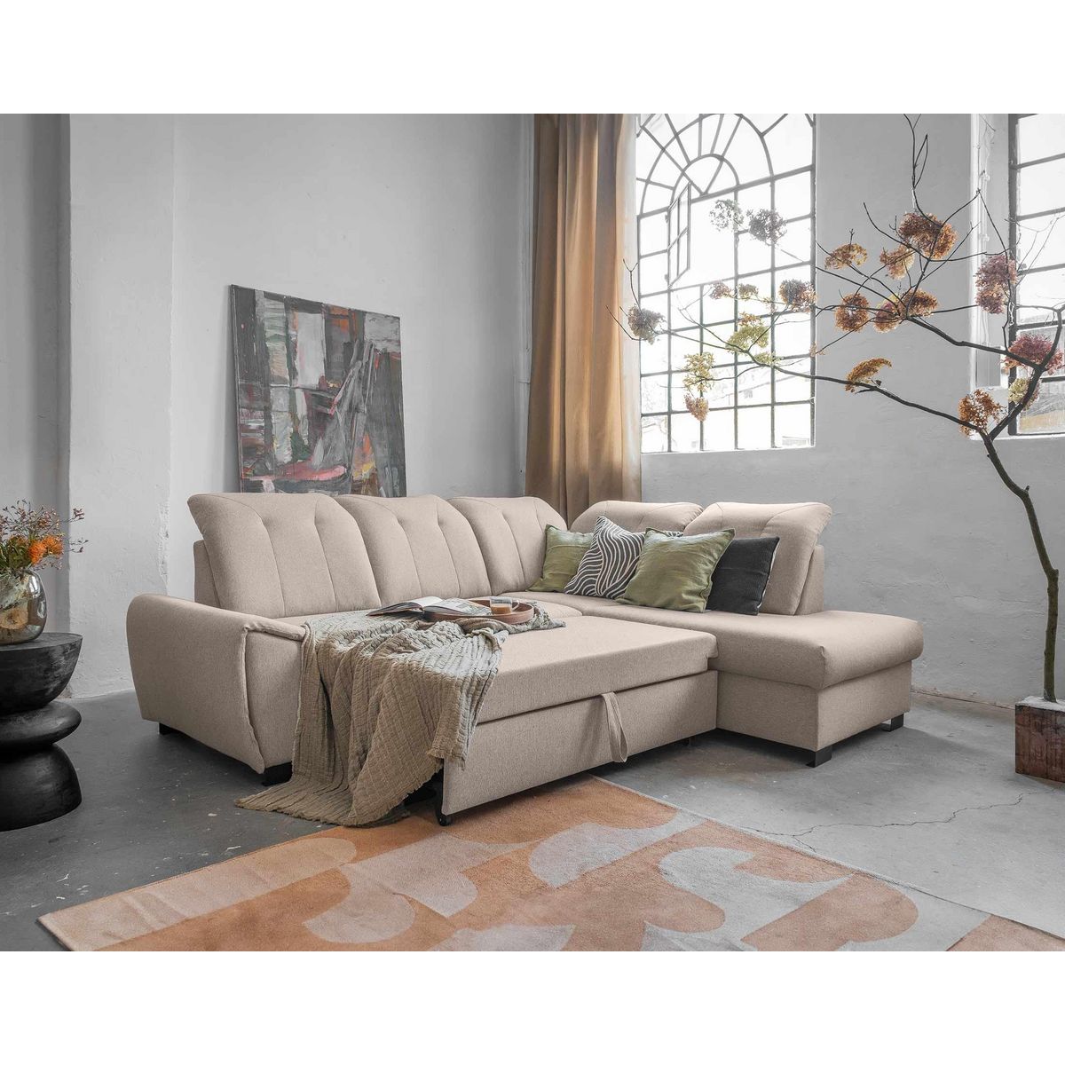 BEST MOBILIER Paul - canapé d'angle droit - 5 places - convertible avec coffre et têtières - en tissu