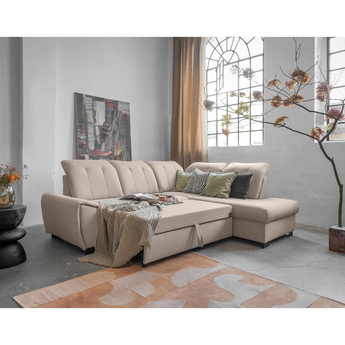 BEST MOBILIER Paul - canapé d'angle droit - 5 places - convertible avec coffre et têtières - en tissu