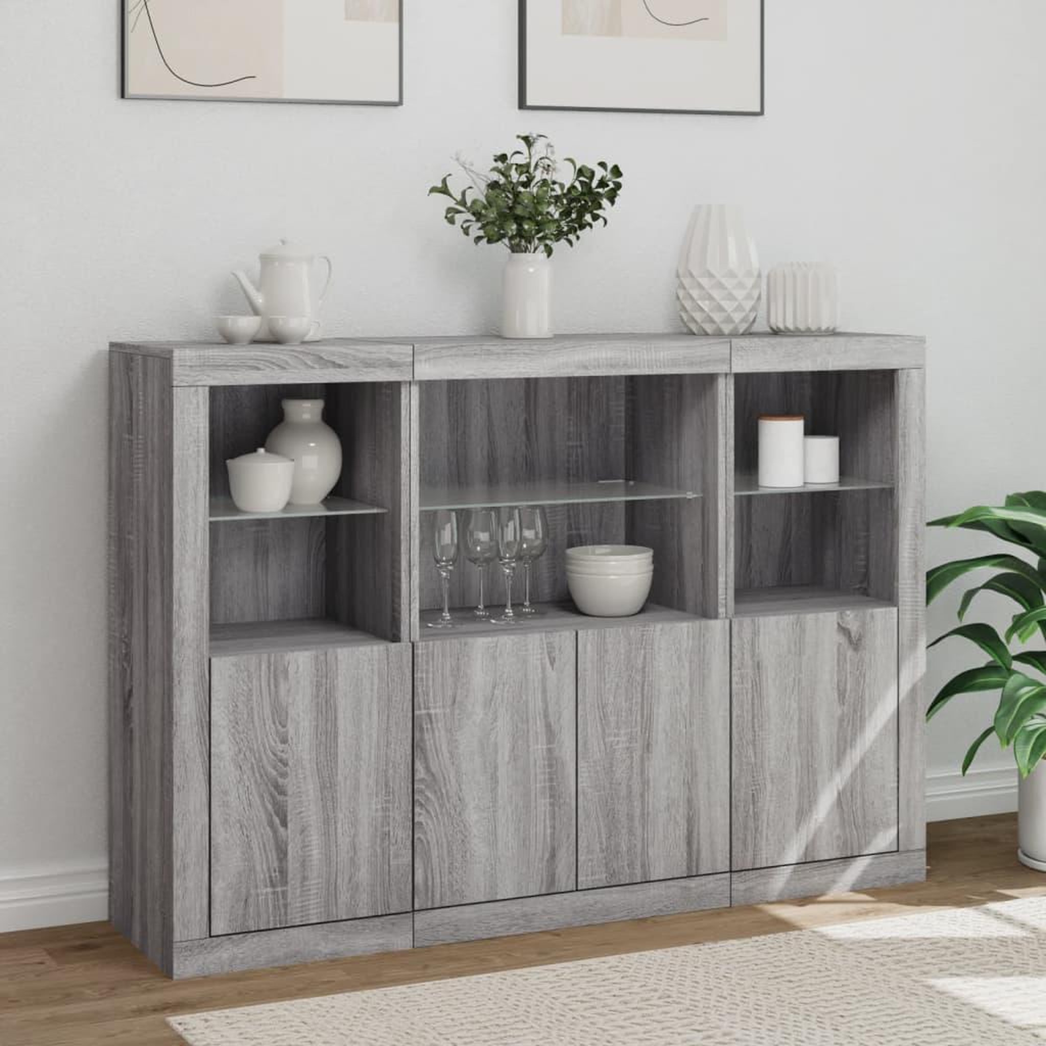 Voir la diapositive 4 : VIDAXL Buffets avec lumieres LED 3 pcs sonoma gris bois d'ingenierie