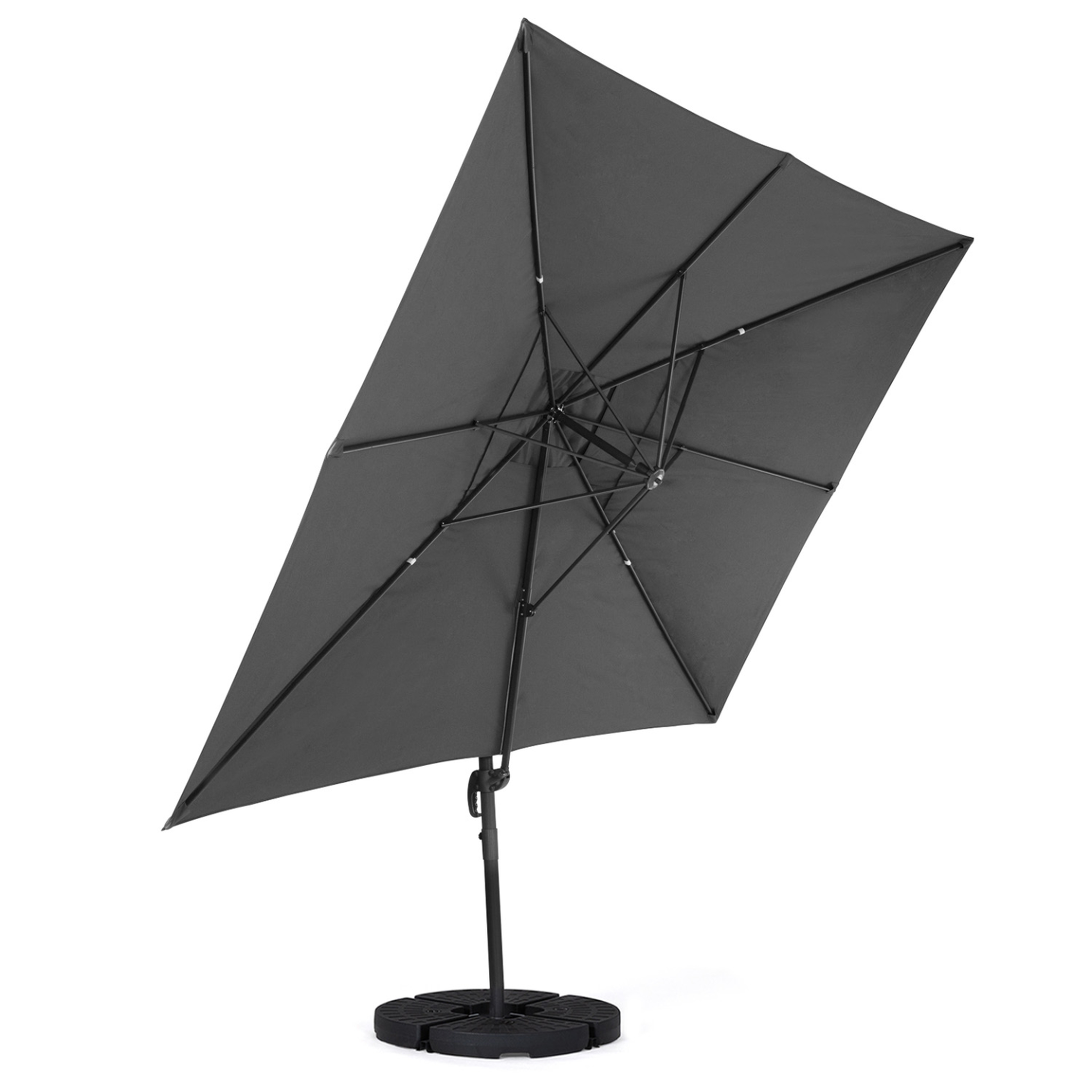 Voir la diapositive 5 : ID MARKET Parasol déporté inclinable rotatif 360 calvi gris 3x4 m avec 4 dalles et housse