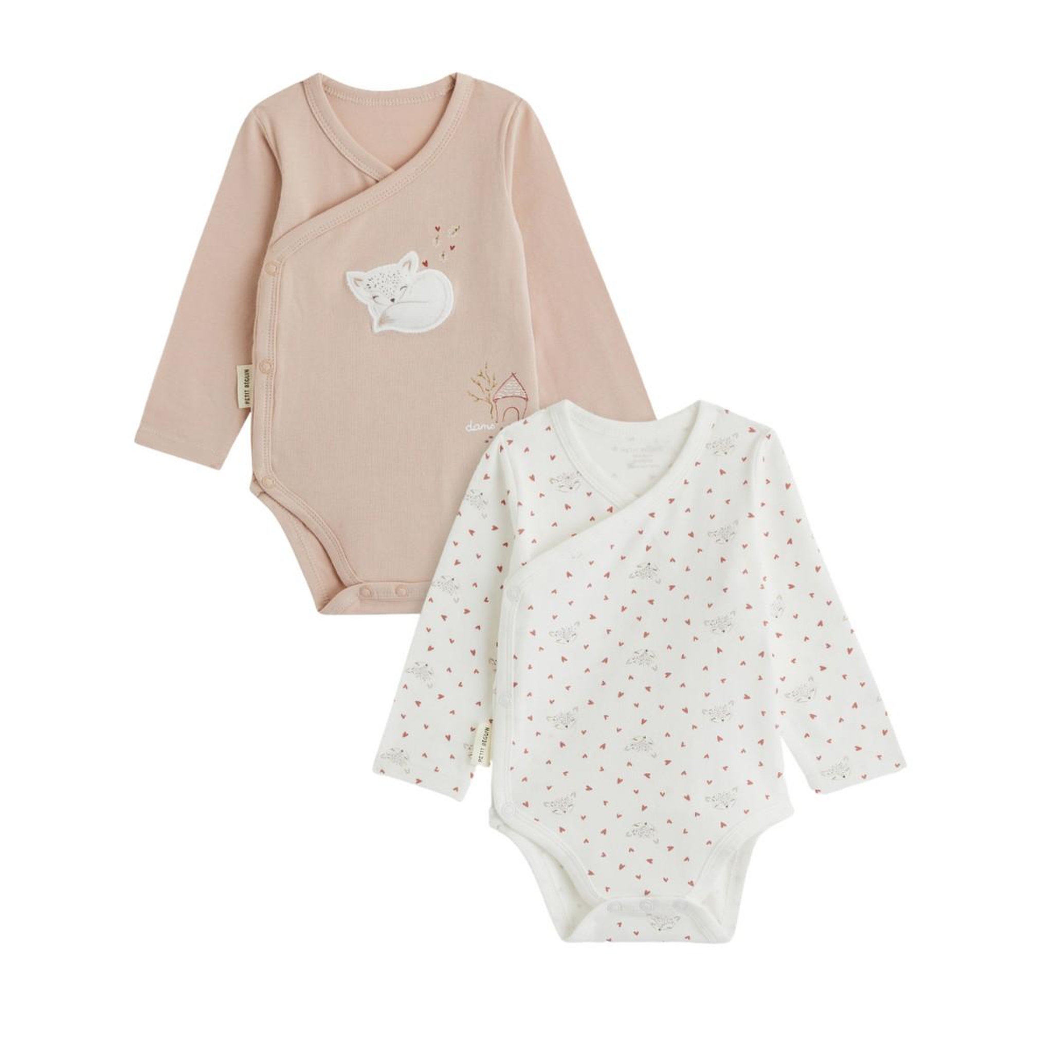 Petit BÃ©guin Lot de 2 bodies bébé manches longues ouverture croisée doucette. Coloris disponibles : Rose